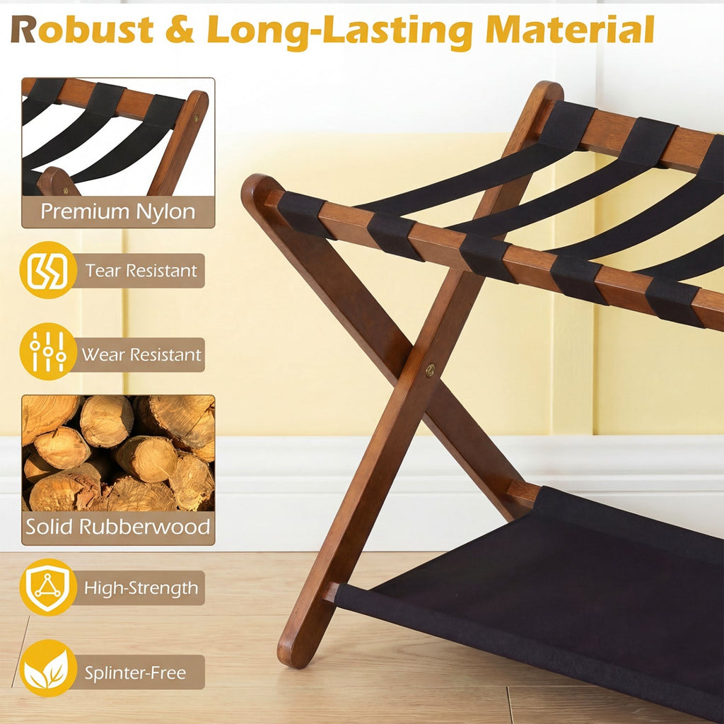 Solid Rubberwood Folding Luggage Rack with Nylon Shelves Set of 2