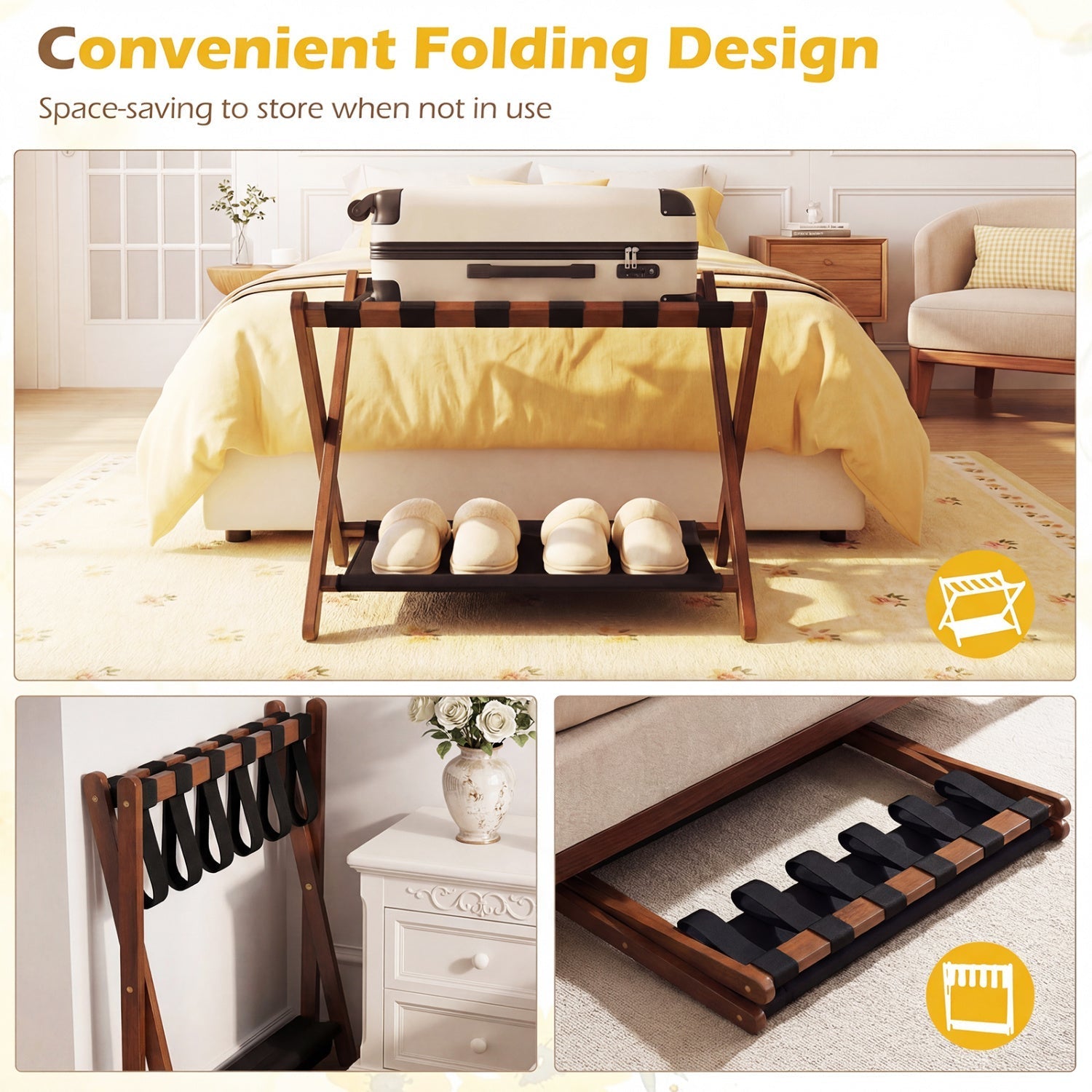 Solid Rubberwood Folding Luggage Rack with Nylon Shelves Set of 2