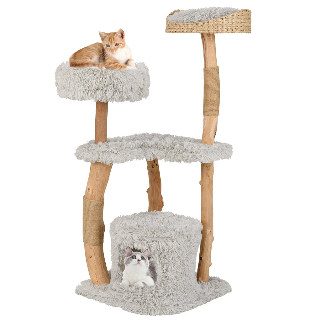 Solid Wood Cat Tower with Top Cattail Basket Cat Bed