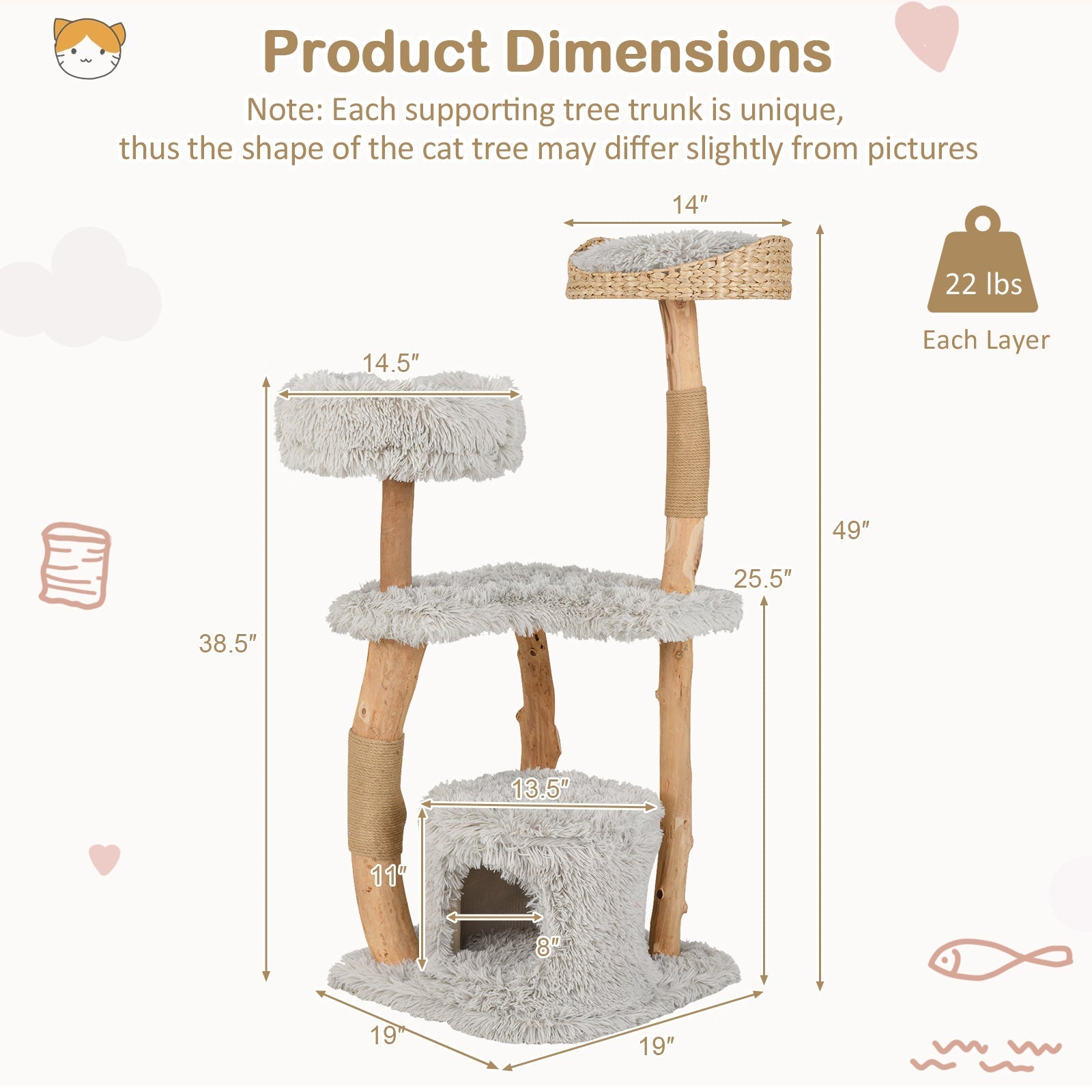 Solid Wood Cat Tower with Top Cattail Basket Cat Bed