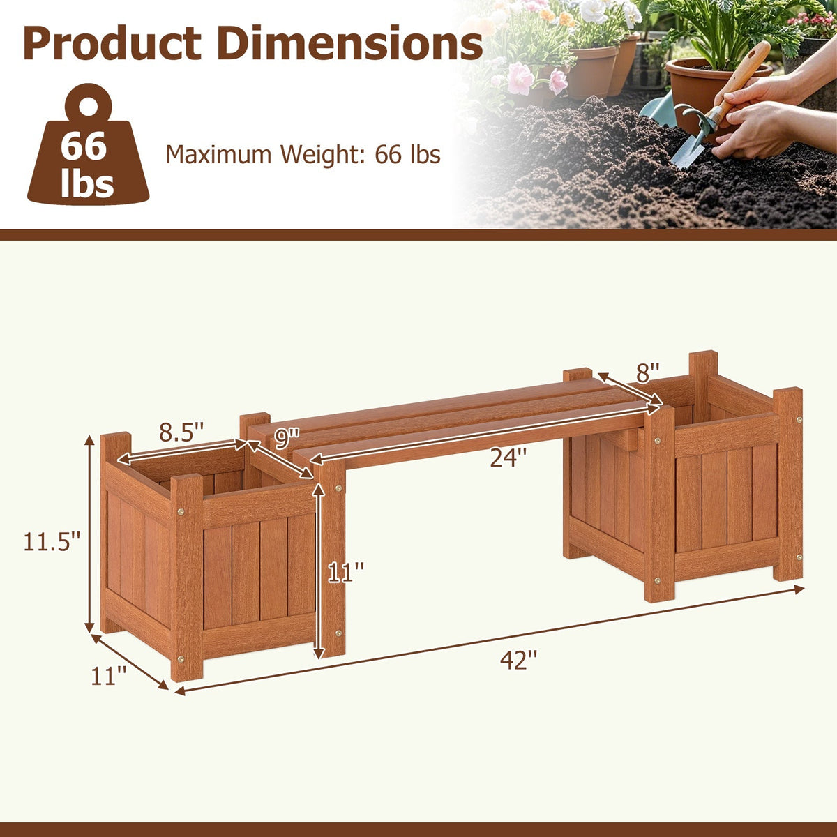 Solid Wood Flower Box Mini Outdoor Planter Boxes with Bench