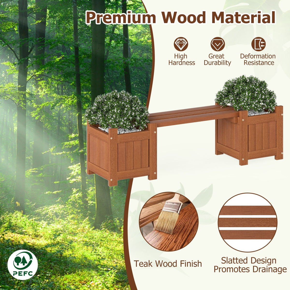 Solid Wood Flower Box Mini Outdoor Planter Boxes with Bench