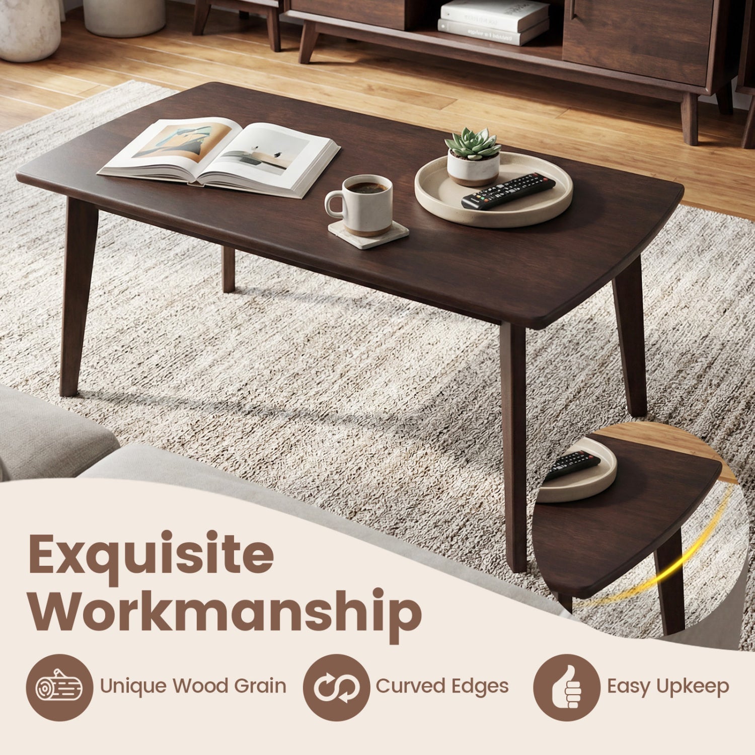 Solid Wood Modern Coffee Table with Tapered Legs