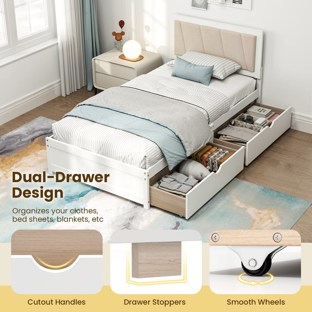 Solid Wood Structure Bed Frame with 2 Drawers Upholstered Headboard-Twin Size