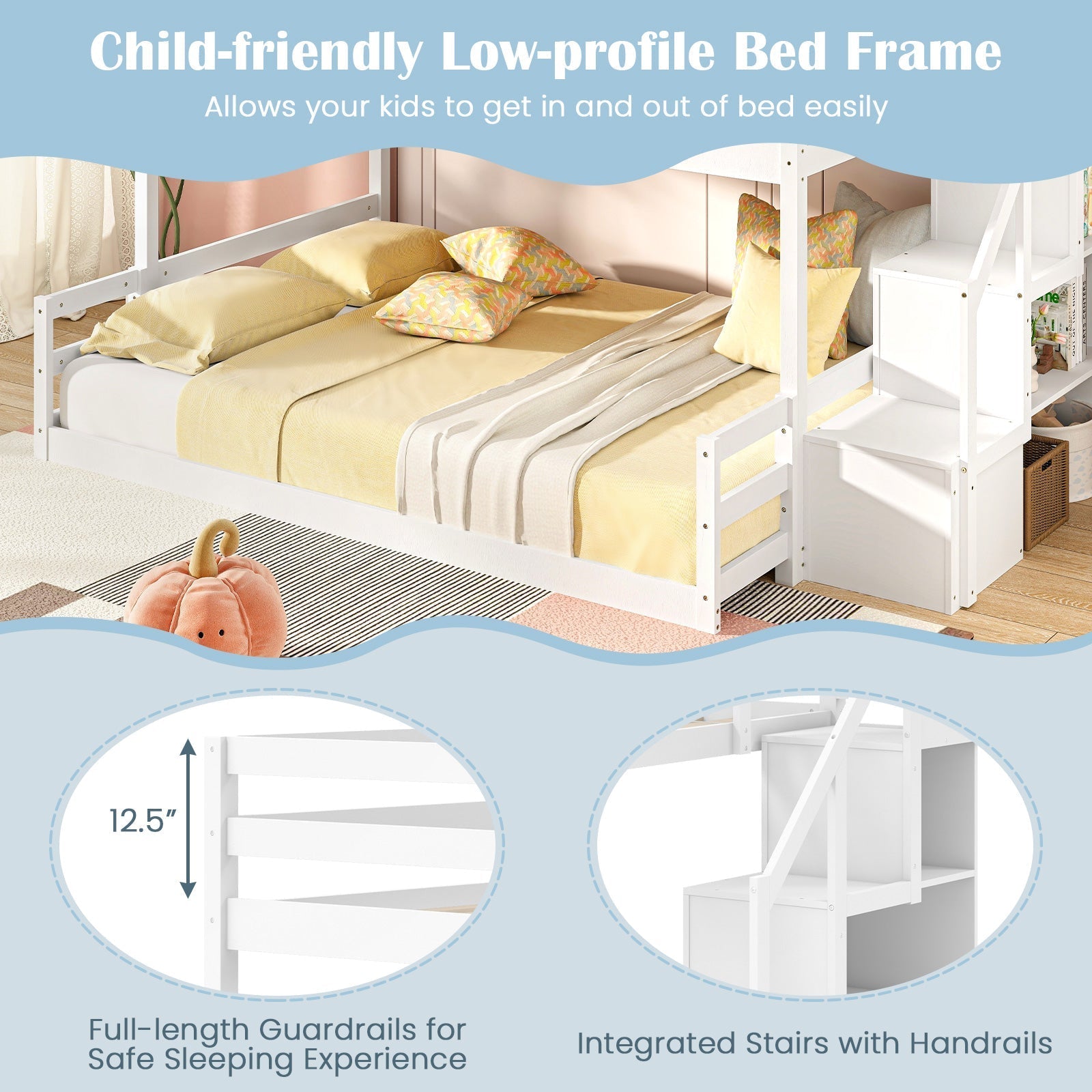 Solid Wood Twin Over Full Low Bunk Bed with Storage Stairs