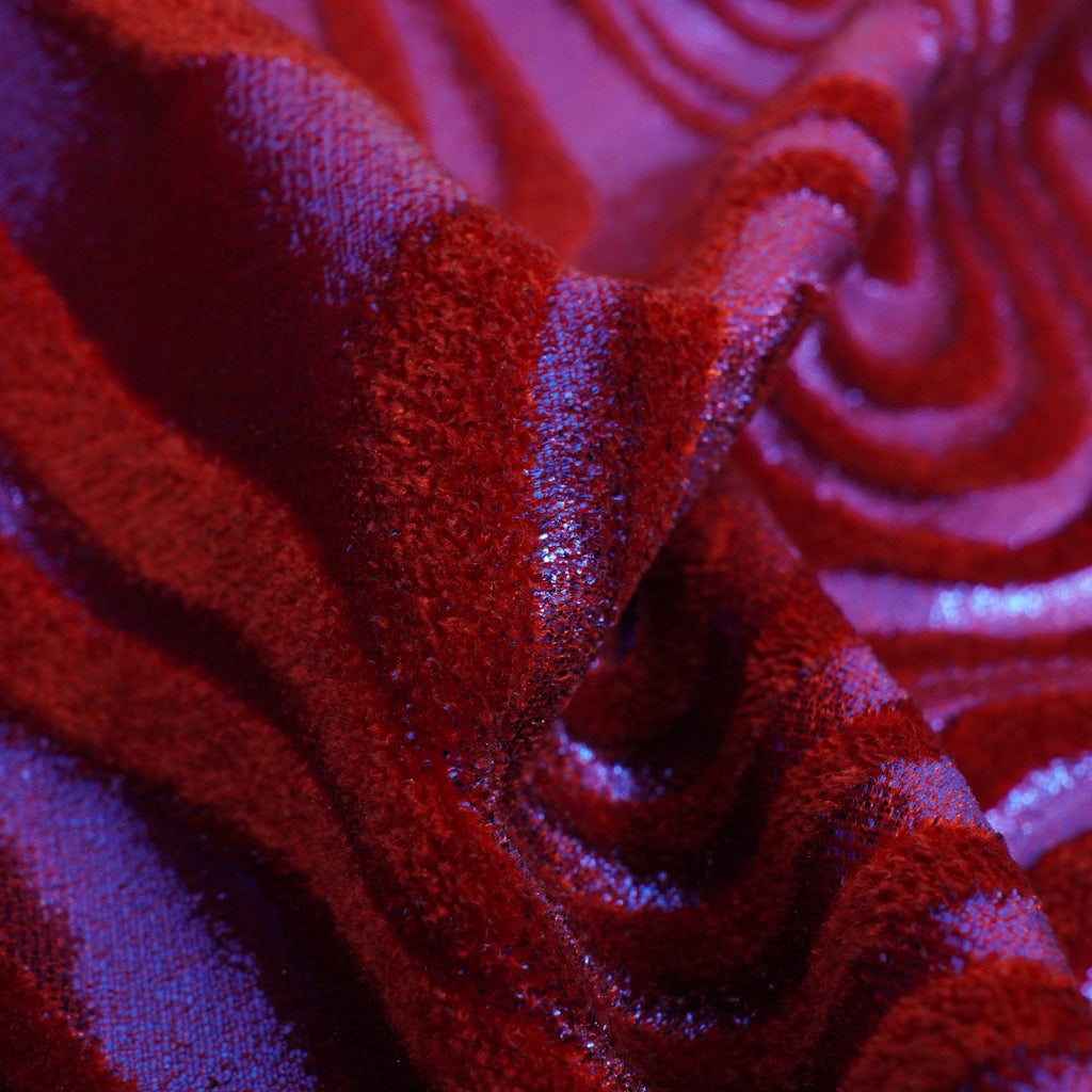 Sonic Swirl Embossed Foiled on Stretch Velvet Fabric | Blue Moon Fabrics