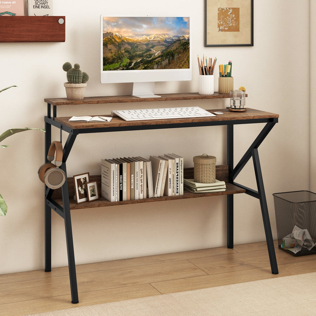 Space Saving Computer Desk with Monitor Stand and Extra Storage Shelf for Work Study