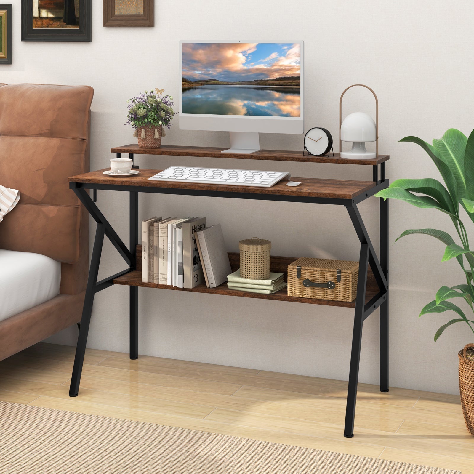 Space Saving Computer Desk with Monitor Stand and Extra Storage Shelf for Work Study