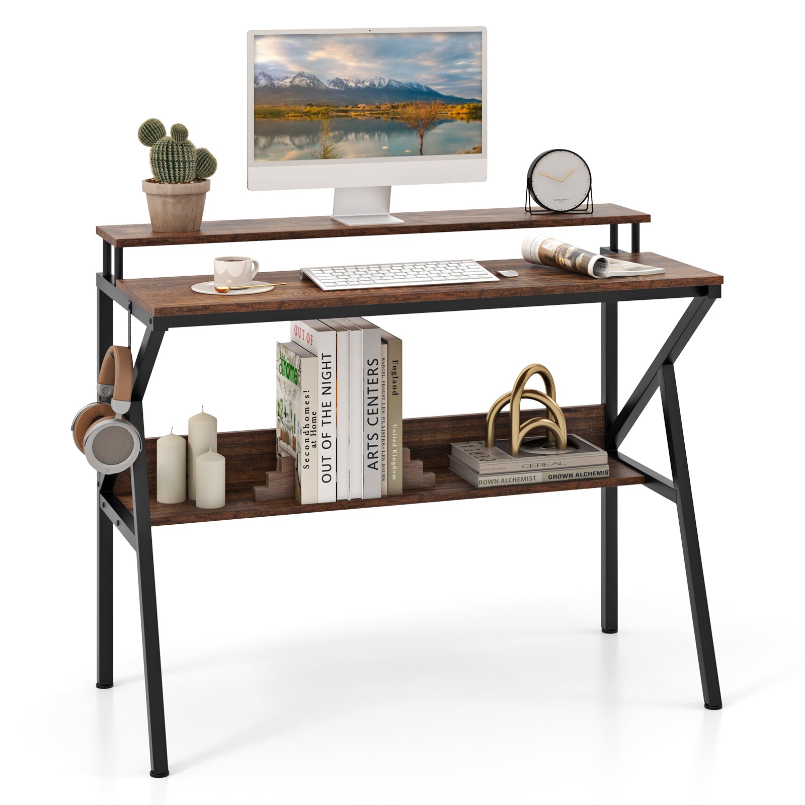 Space Saving Computer Desk with Monitor Stand and Extra Storage Shelf for Work Study