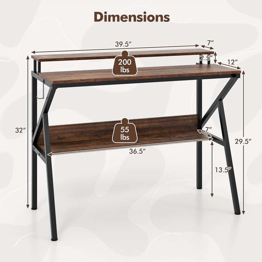 Space Saving Computer Desk with Monitor Stand and Extra Storage Shelf for Work Study