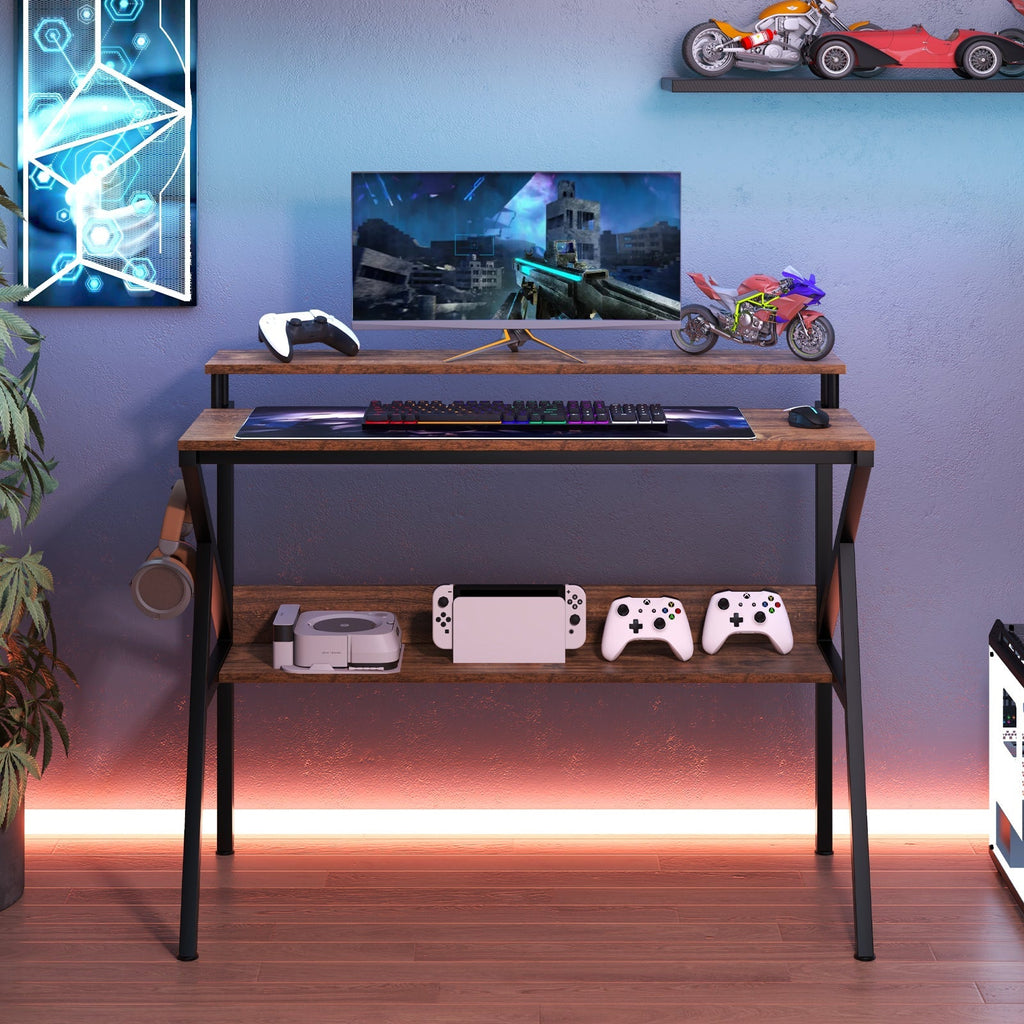 Space Saving Computer Desk with Monitor Stand and Extra Storage Shelf for Work Study