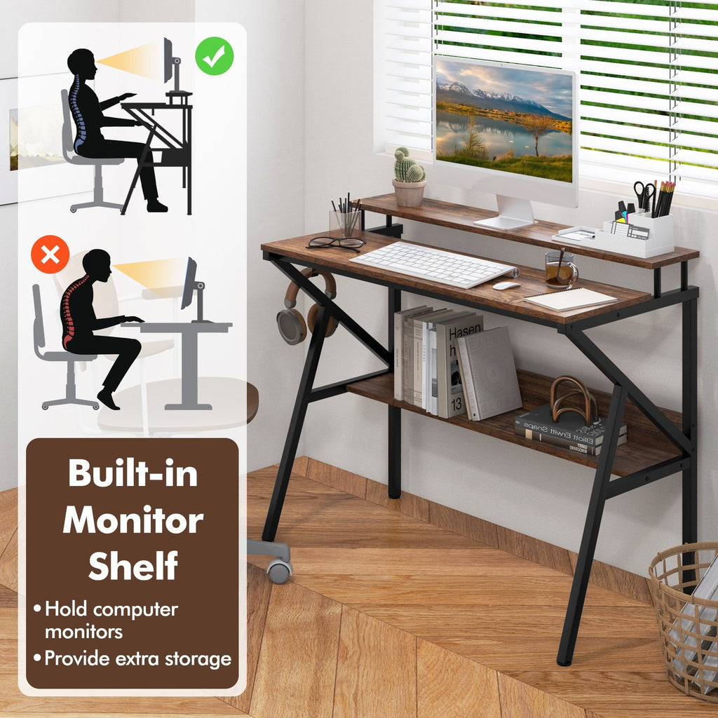 Space Saving Computer Desk with Monitor Stand and Extra Storage Shelf for Work Study