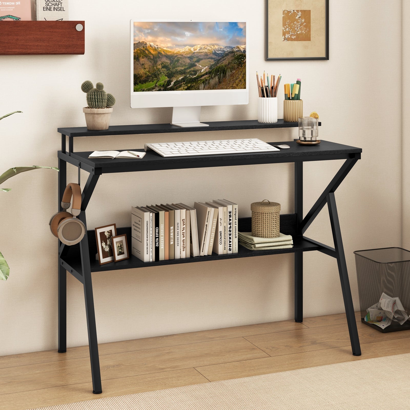 Space Saving Computer Desk with Monitor Stand and Extra Storage Shelf for Work Study
