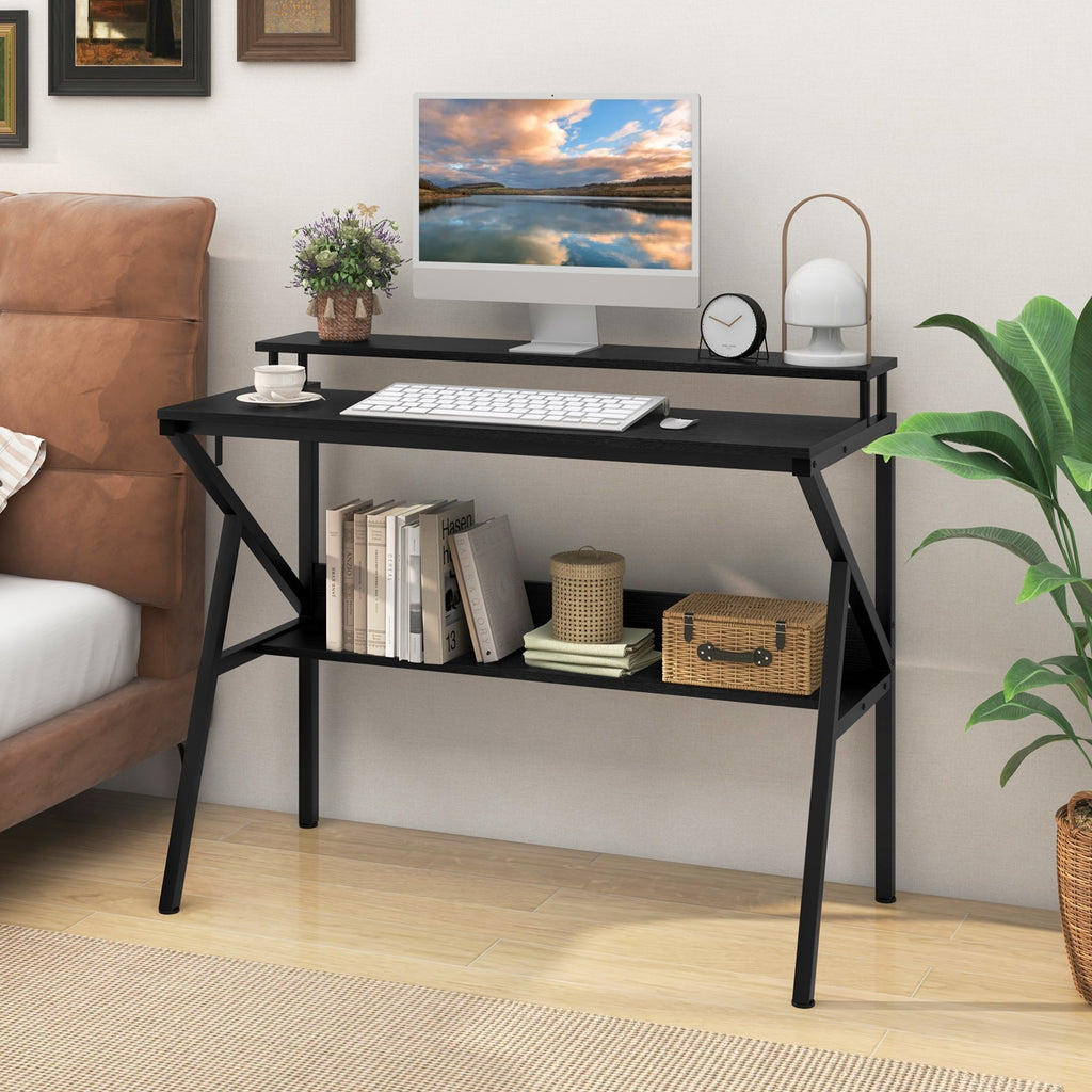 Space Saving Computer Desk with Monitor Stand and Extra Storage Shelf for Work Study