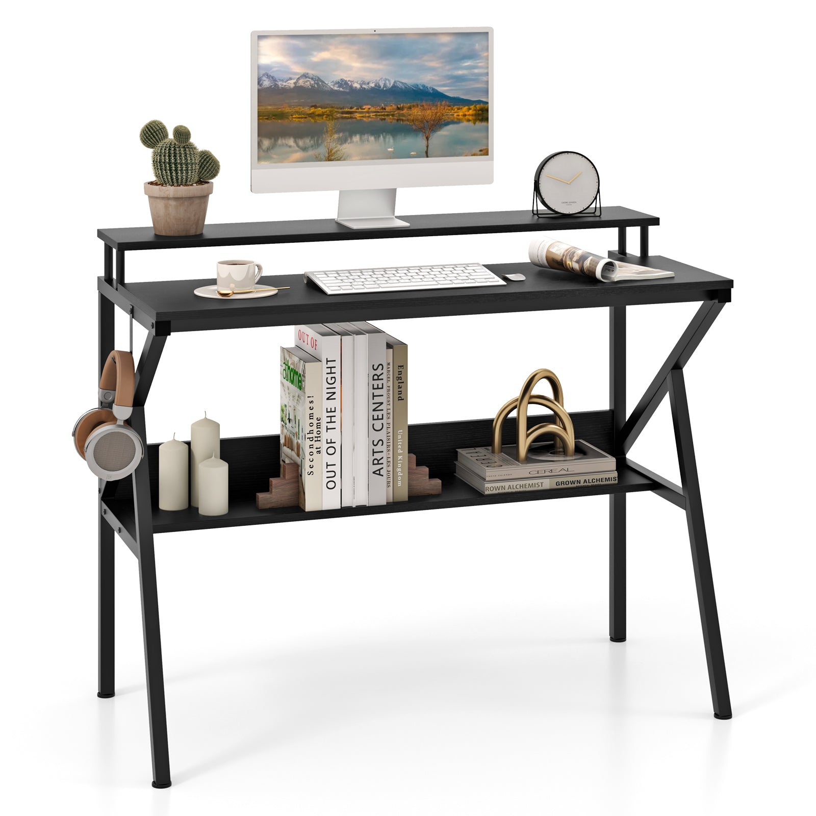 Space Saving Computer Desk with Monitor Stand and Extra Storage Shelf for Work Study