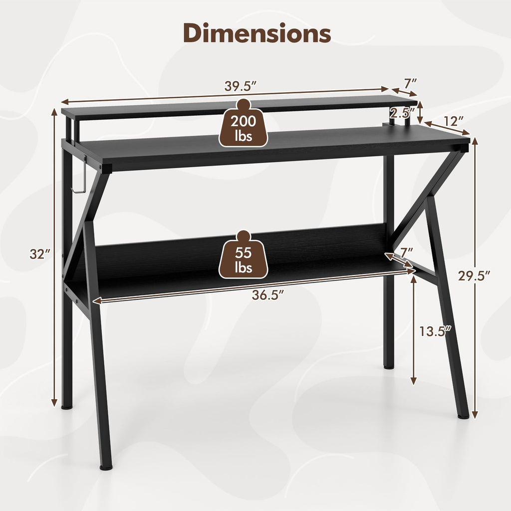 Space Saving Computer Desk with Monitor Stand and Extra Storage Shelf for Work Study