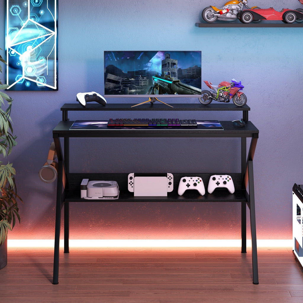 Space Saving Computer Desk with Monitor Stand and Extra Storage Shelf for Work Study