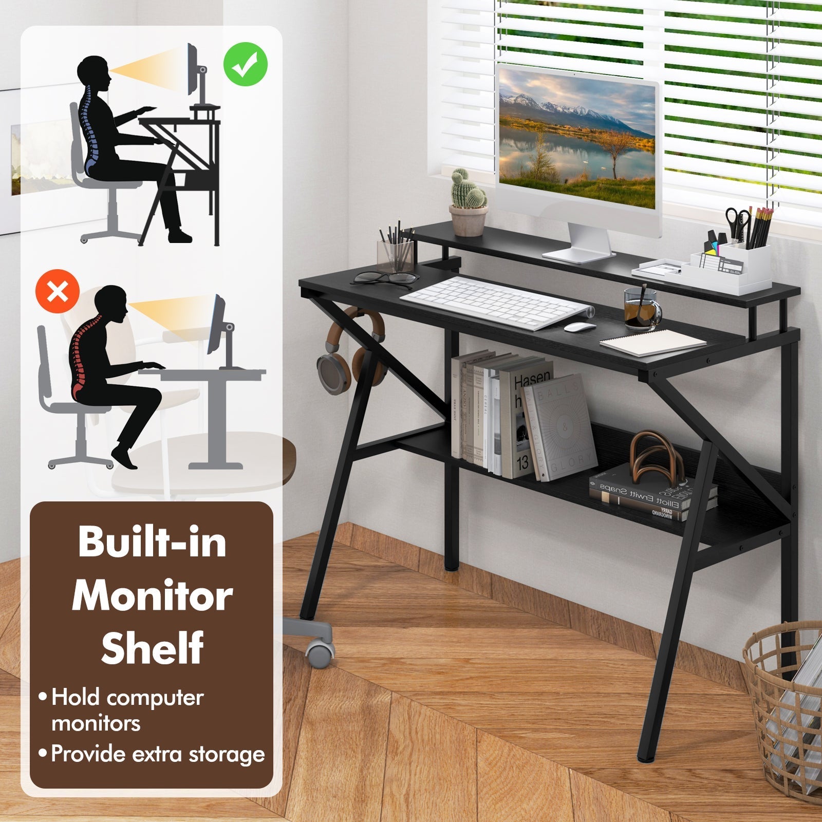 Space Saving Computer Desk with Monitor Stand and Extra Storage Shelf for Work Study