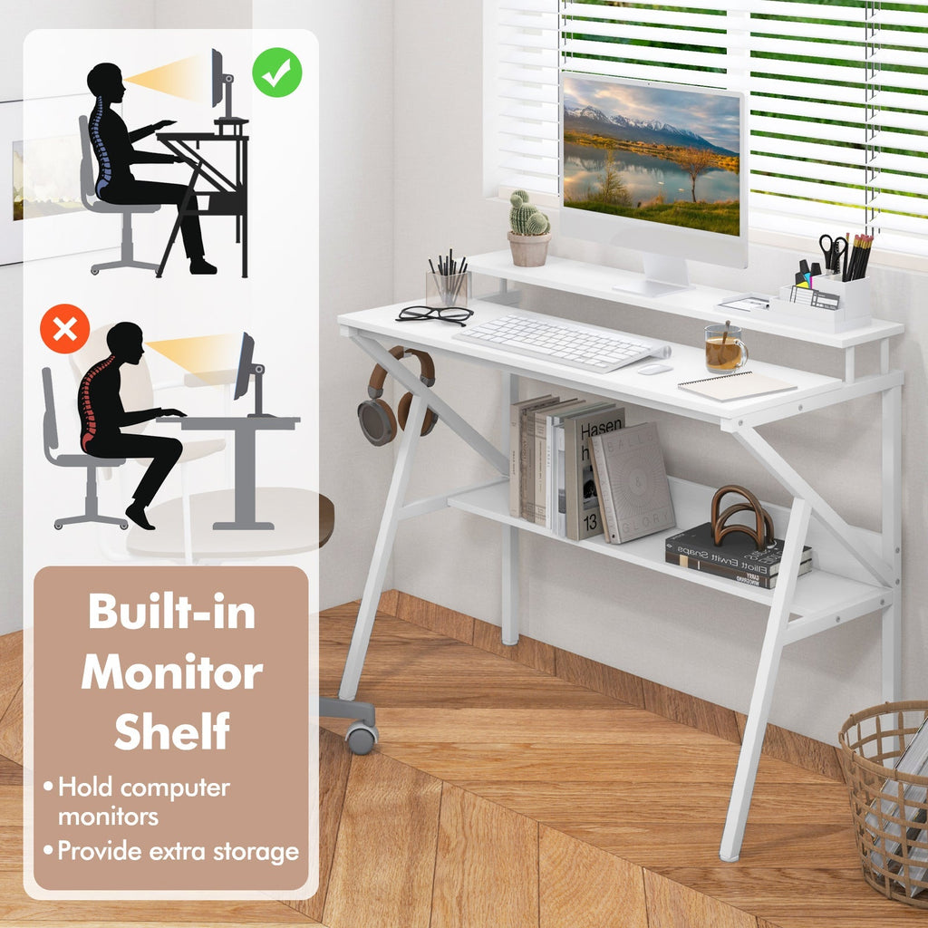 Space Saving Computer Desk with Monitor Stand and Extra Storage Shelf for Work Study