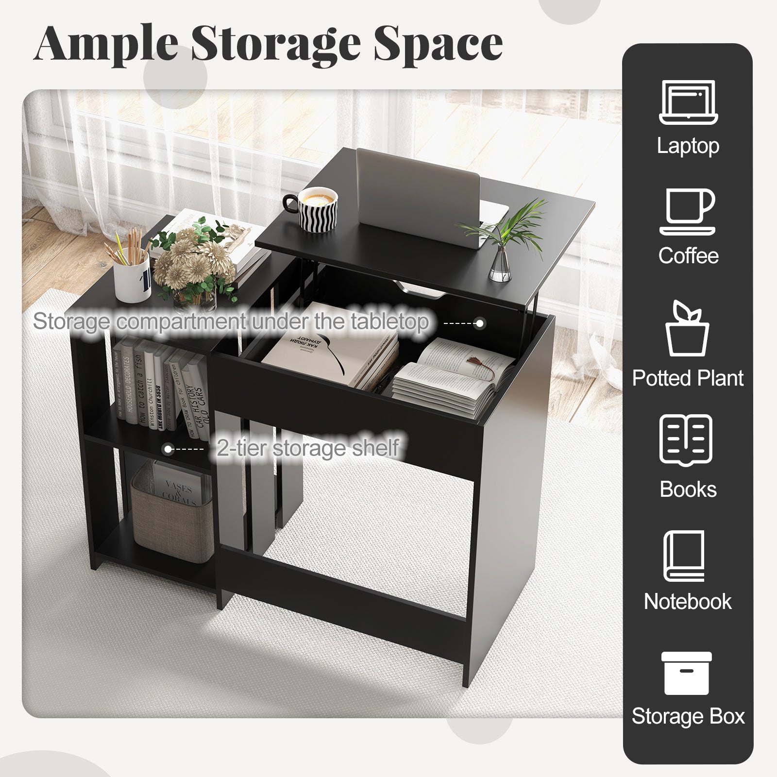 Space Saving Computer Desk with Hidden Compartment and Open Storage Shelves-Black
