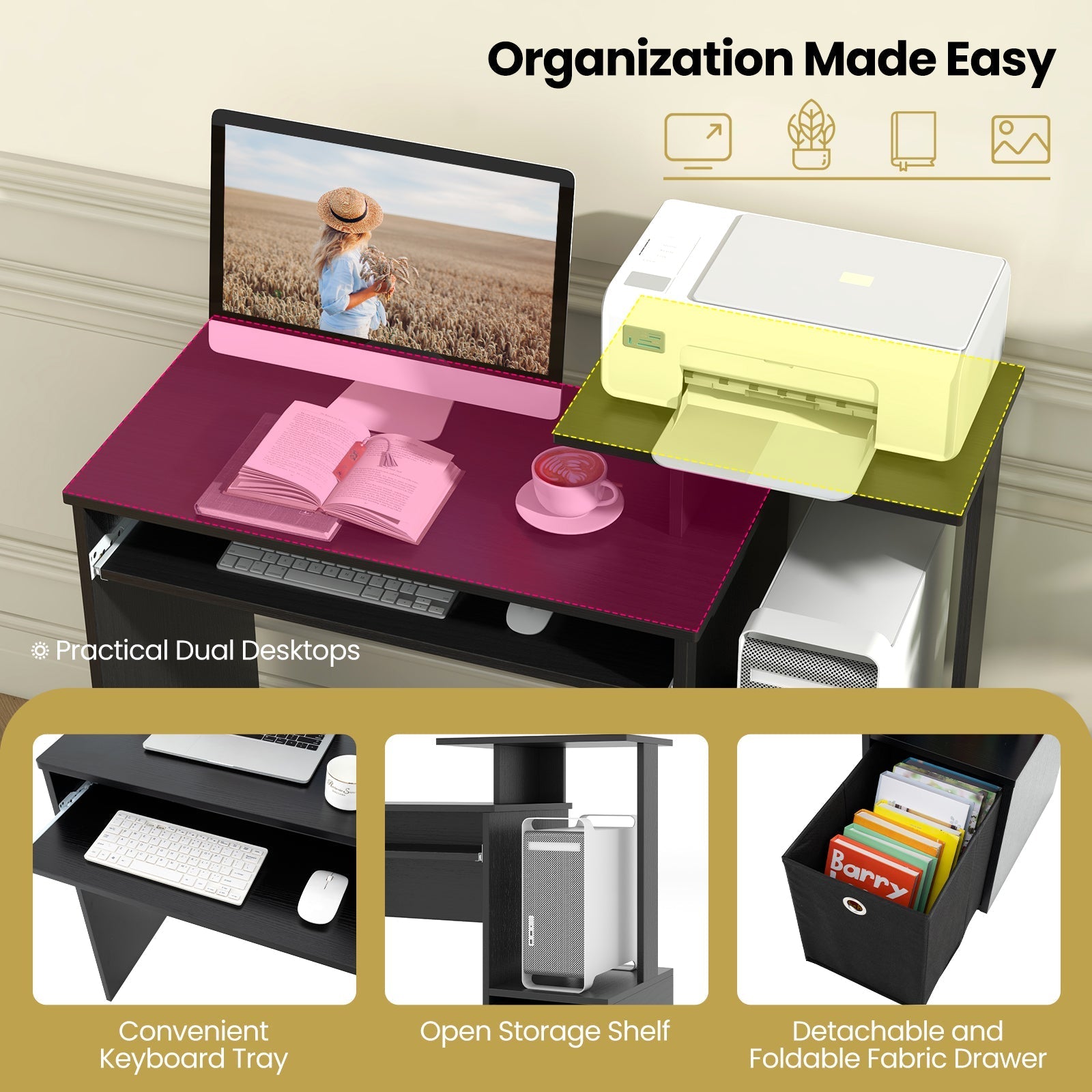 Space-saving Computer Desk with Pull-out Keyboard Tray