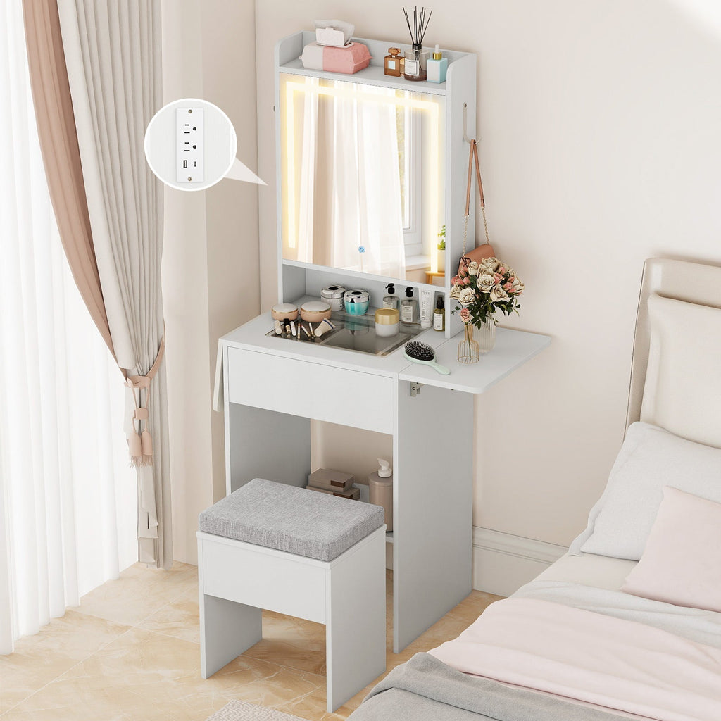 Space-saving Vanity Desk with Mirror and Lights for Bedroom