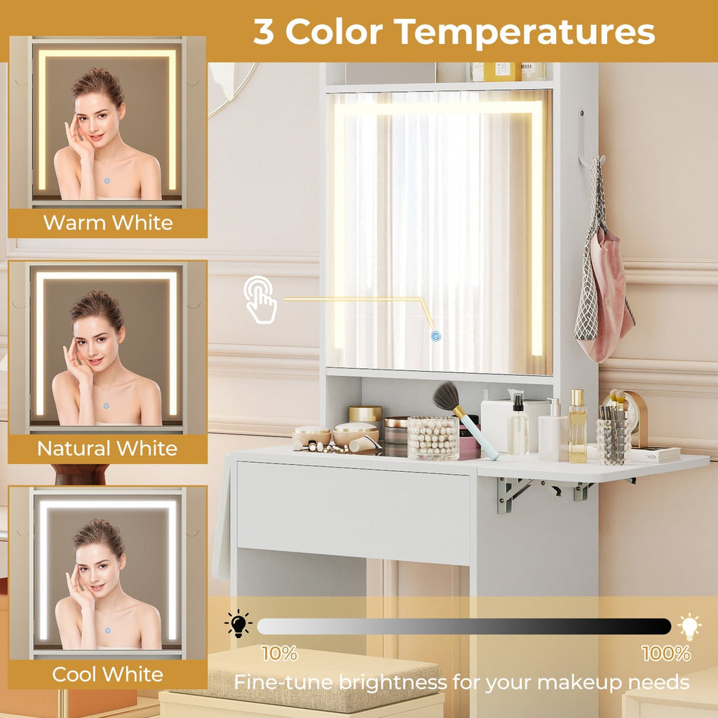Space-saving Vanity Desk with Mirror and Lights for Bedroom