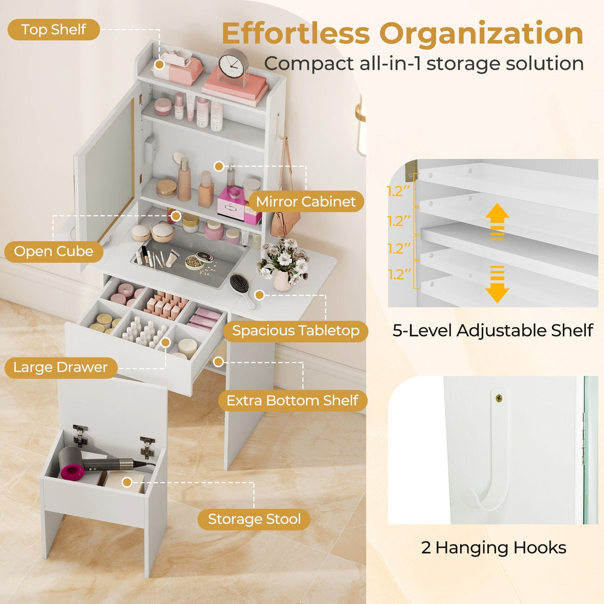 Space-saving Vanity Desk with Mirror and Lights for Bedroom