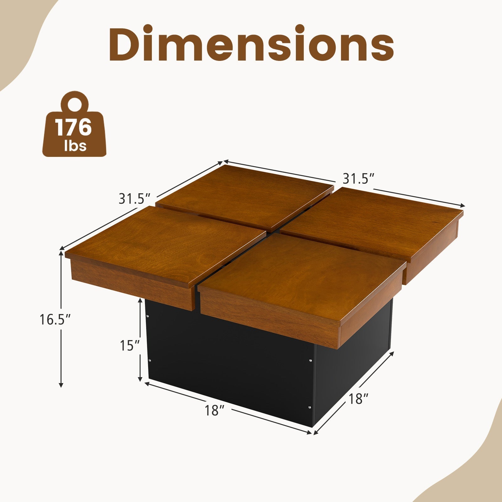 Square Coffee Table Mid Century Modern Center Table-Walnut