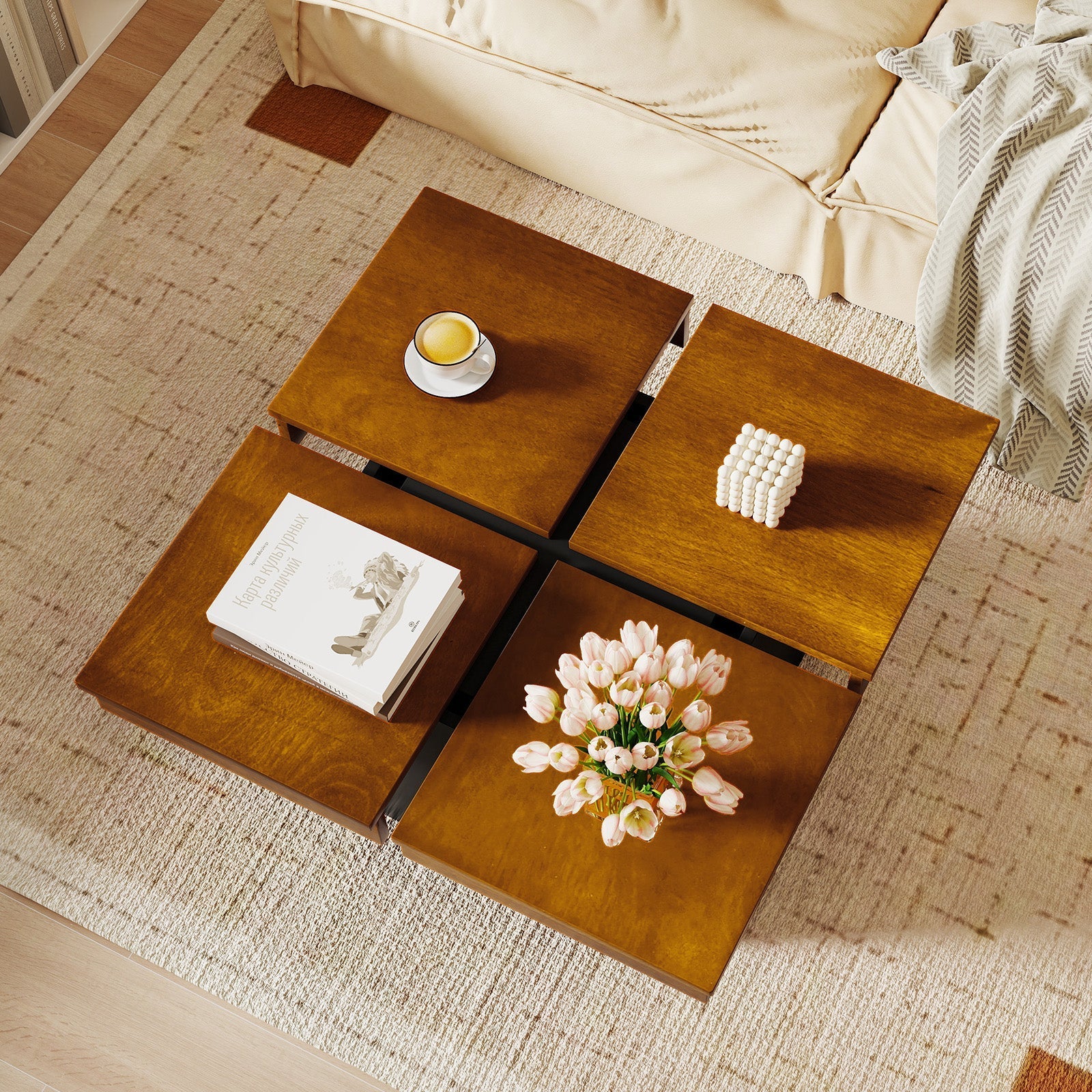 Square Coffee Table Mid Century Modern Center Table-Walnut