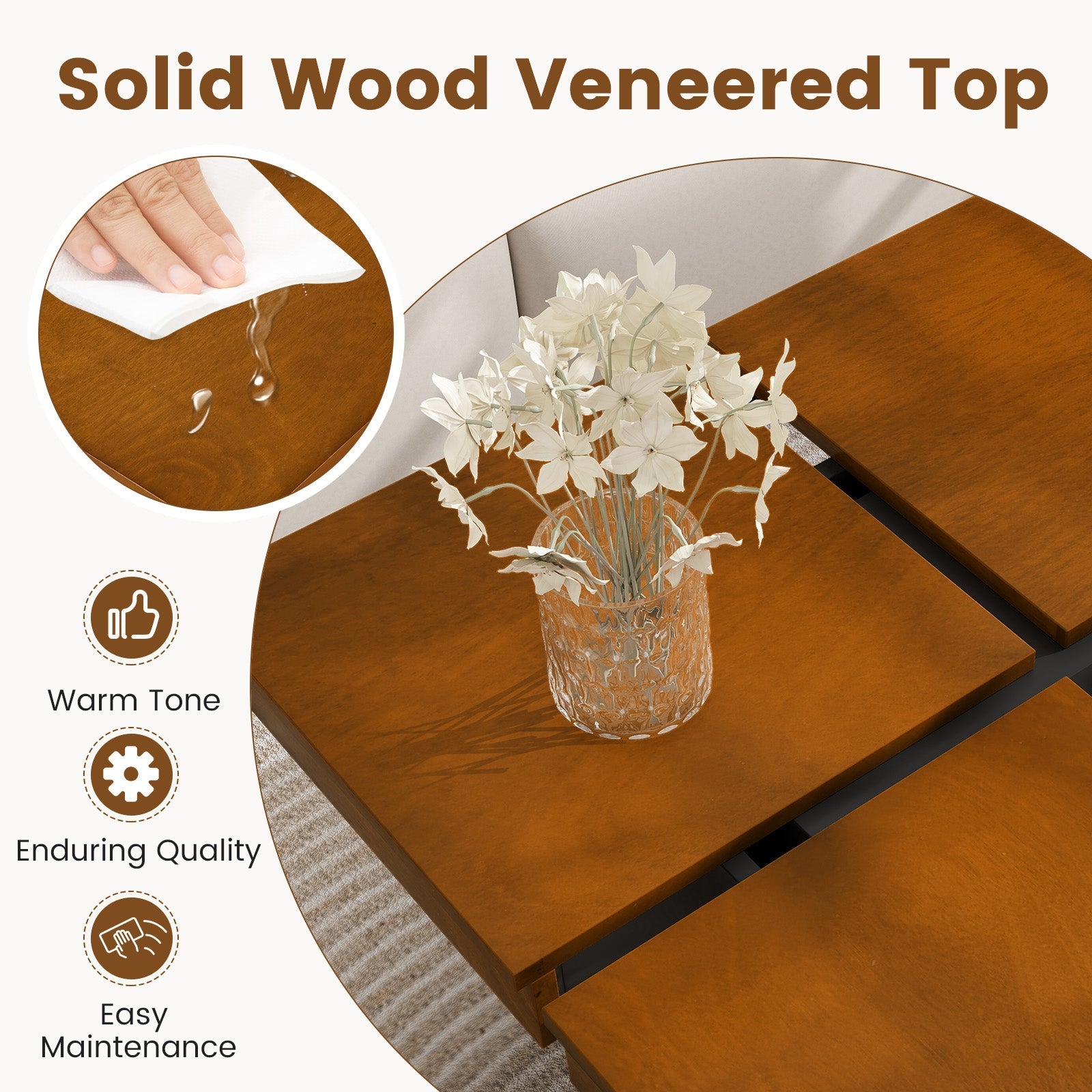 Square Coffee Table Mid Century Modern Center Table-Walnut