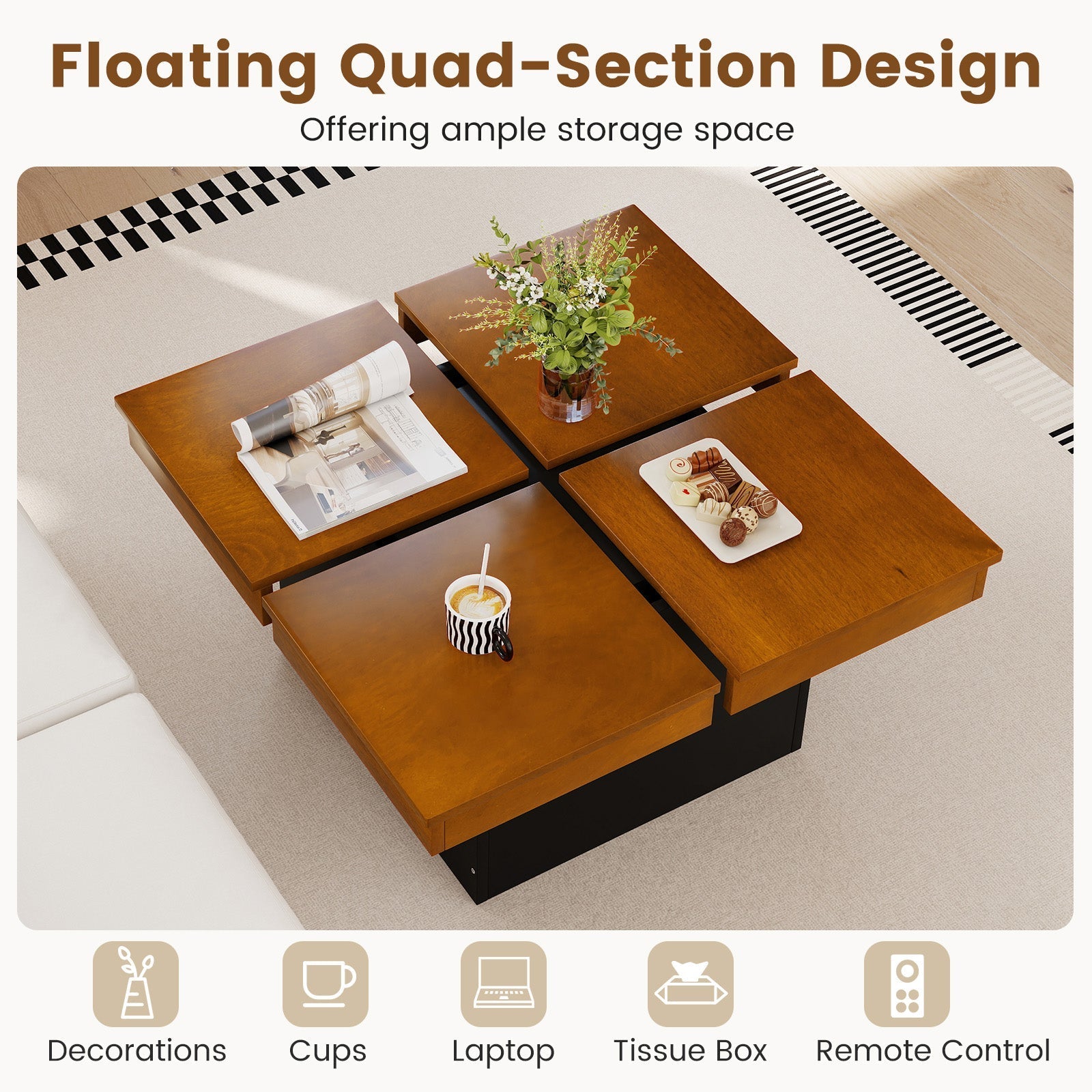 Square Coffee Table Mid Century Modern Center Table-Walnut