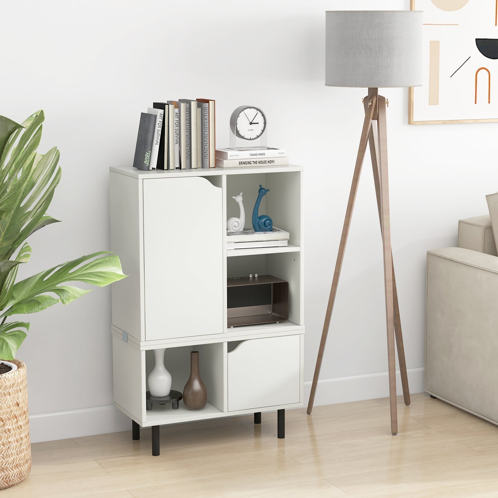 Stackable Bookcase with Adjustable Shelf and Cubes-White