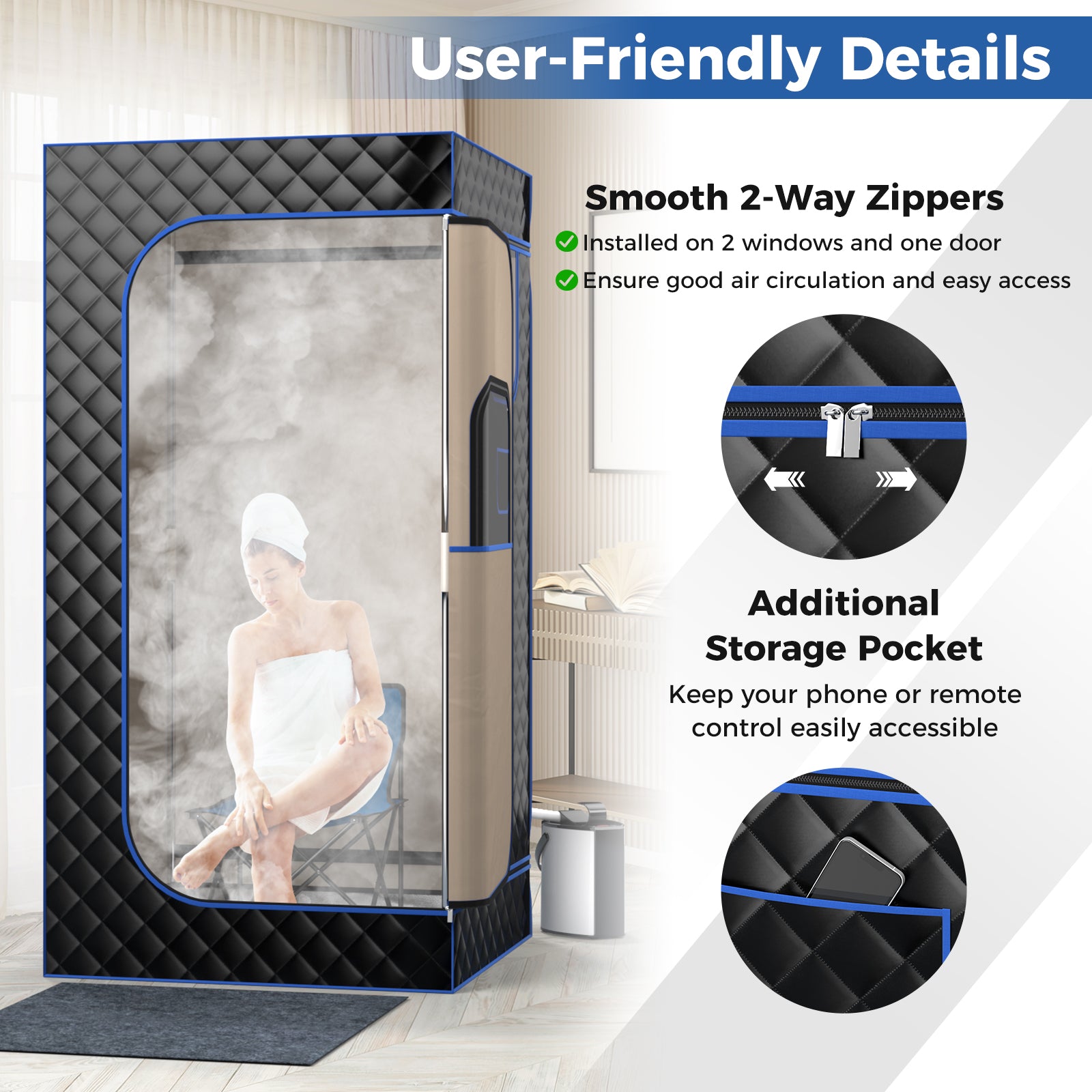 Portable Steam Sauna with 3L Steam Generator Remote Control Wood Foot Massager and Foldable Chair for Home