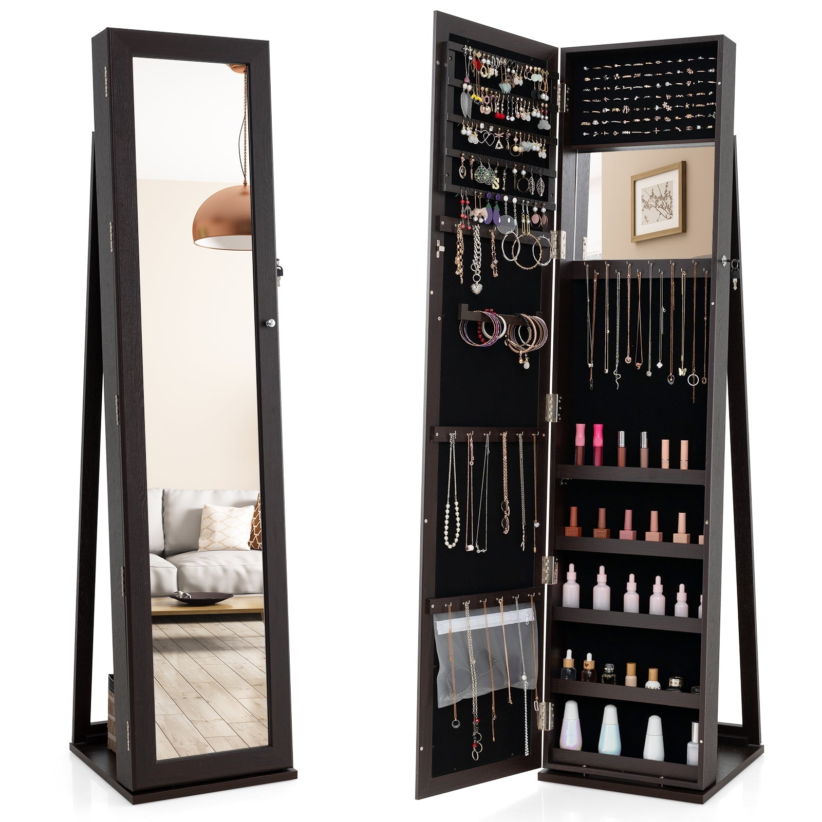 Standing Lockable Jewelry Storage Organizer with Full-Length Mirror