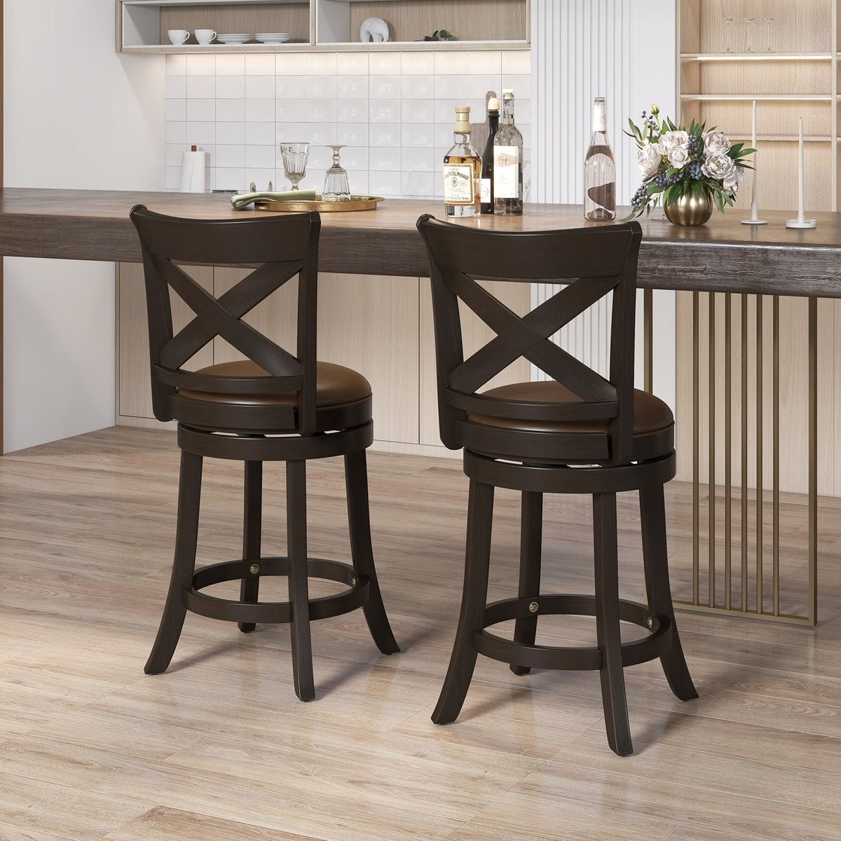 31 Inch Swivel Bar Stool with Curved Backrest PU Leather Seat and Footrest