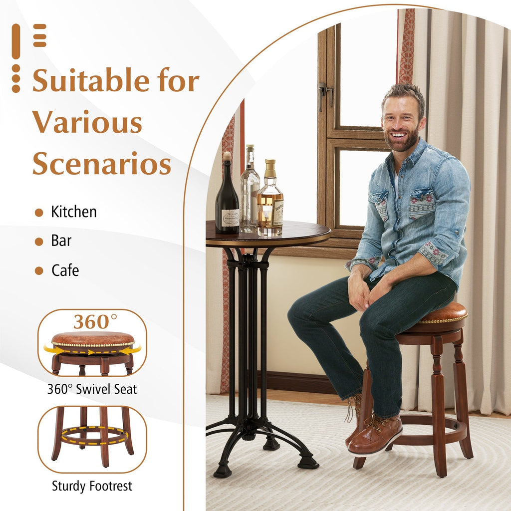 29 Inch Swivel Bar Stool Set of 2 with Upholstered Seat and Rubber Wood Frame-29 inches