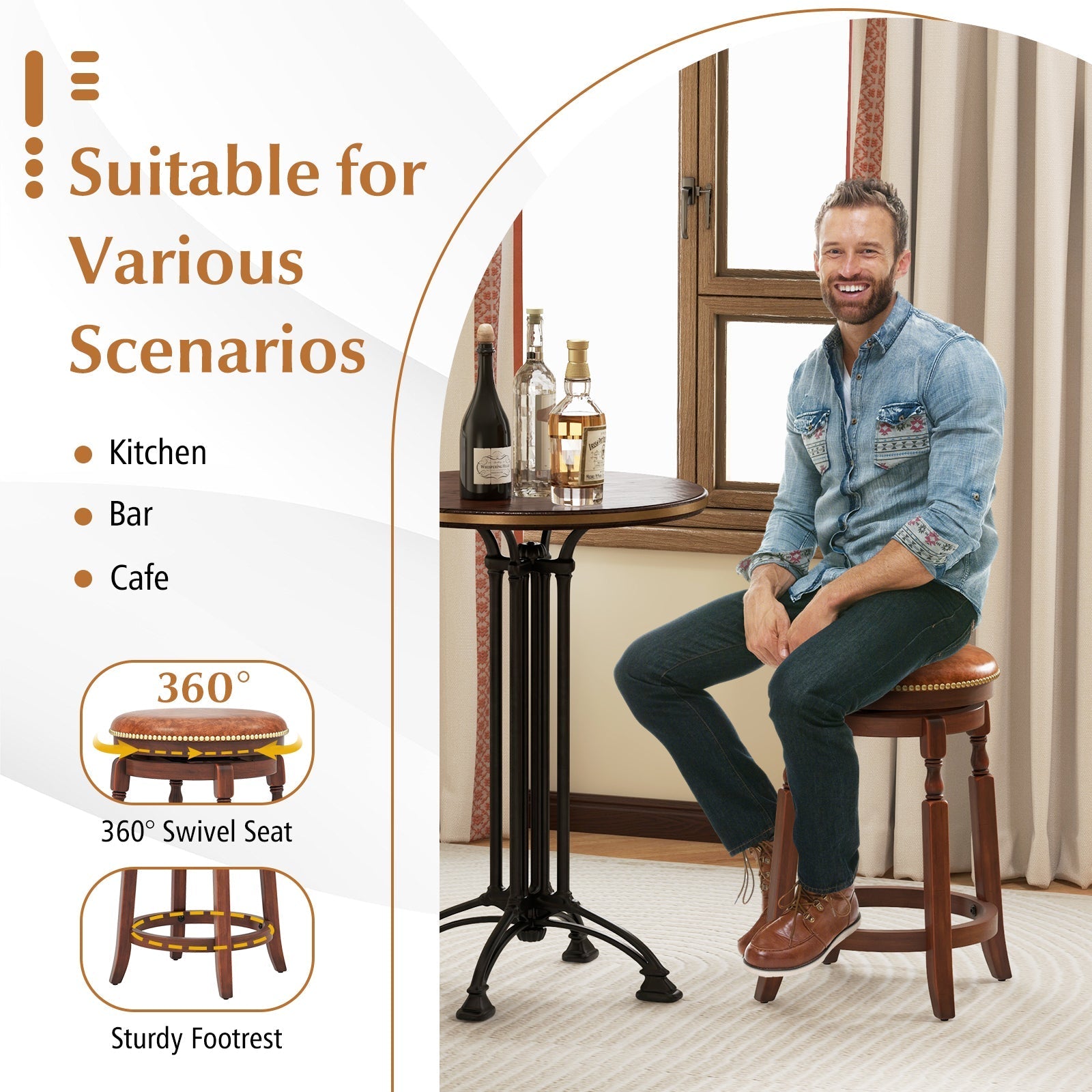 29 Inch Swivel Bar Stool Set of 2 with Upholstered Seat and Rubber Wood Frame-29 inches