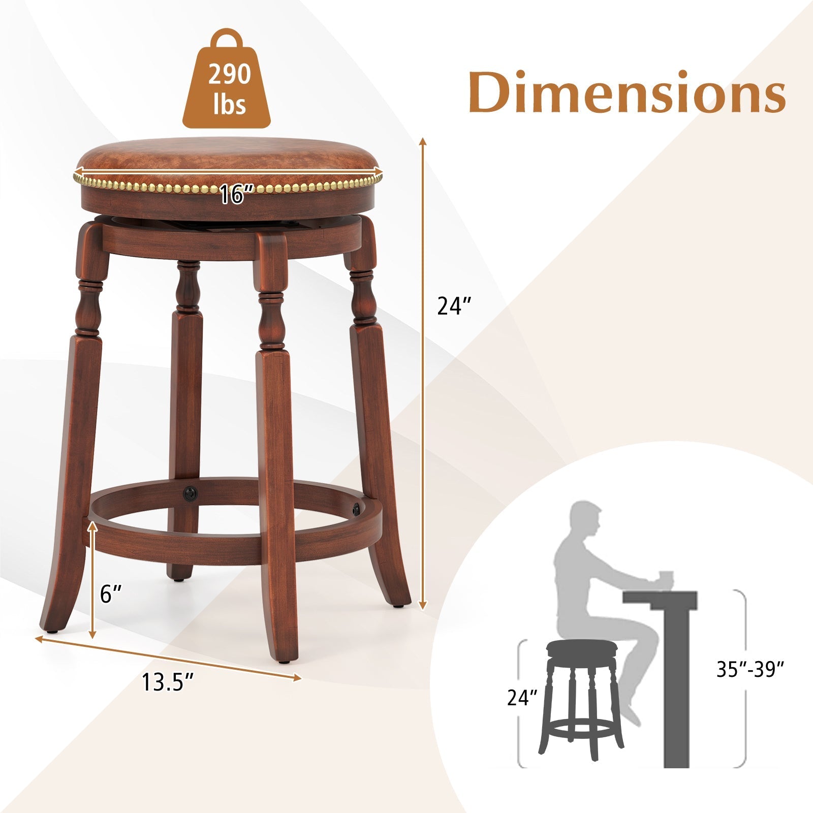 29 Inch Swivel Bar Stool Set of 2 with Upholstered Seat and Rubber Wood Frame-29 inches