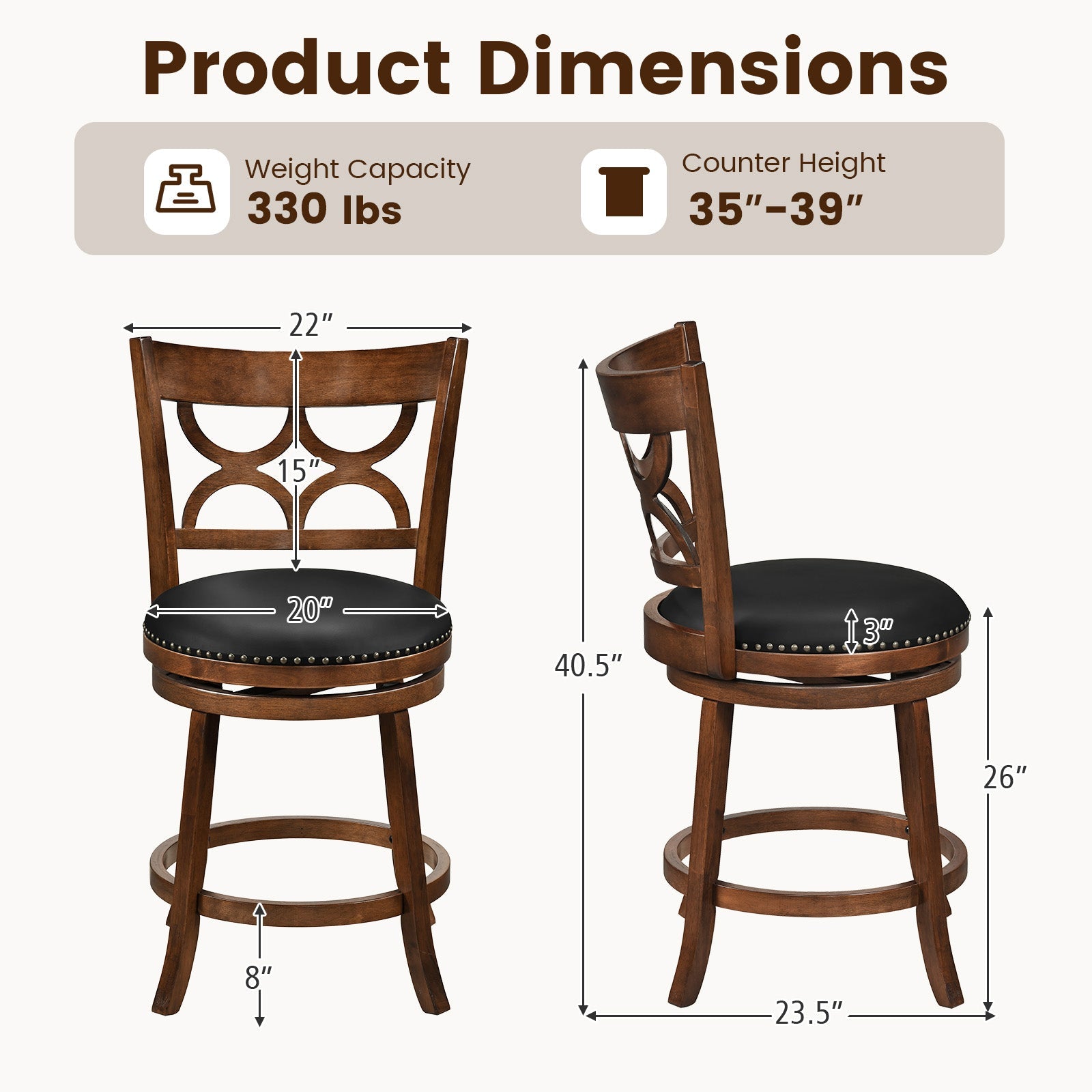Swivel Bar Stools Set of 2 with High Backrest and Wood Frame