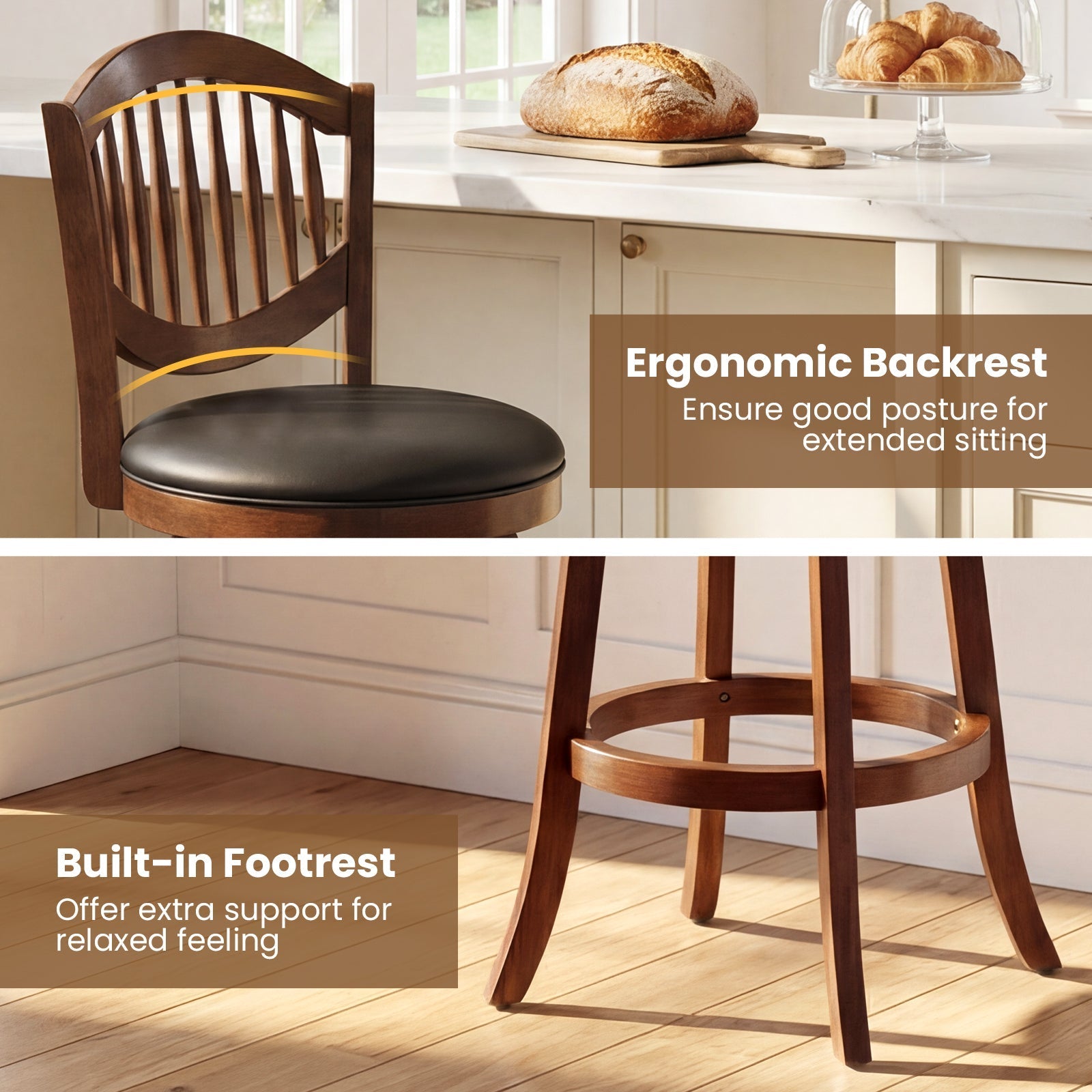 Swivel Bar Stools Set of 2 with Backrest and Wood Frame