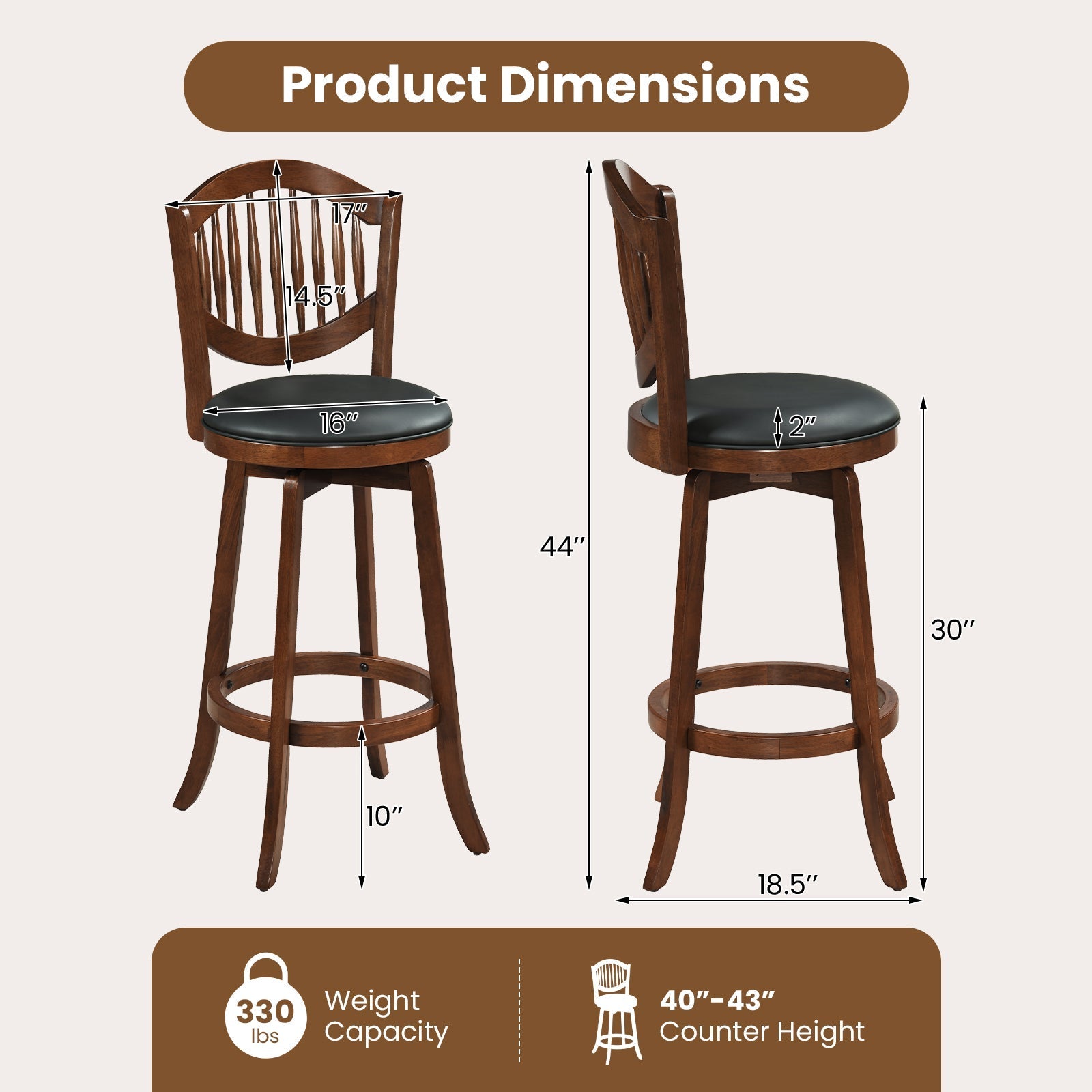 Swivel Bar Stools Set of 2 with Backrest and Wood Frame