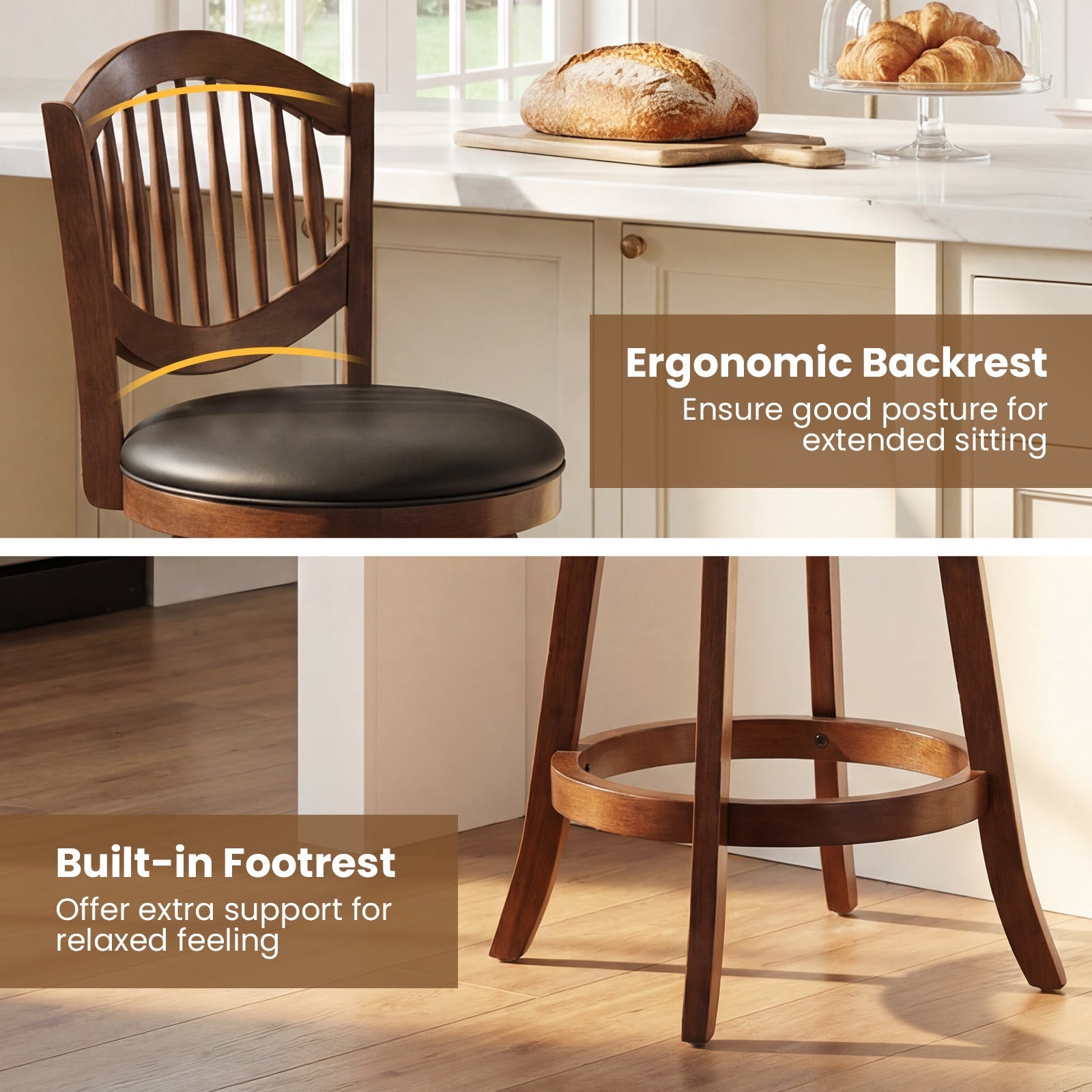 Swivel Bar Stools Set of 2 with Backrest and Wood Frame
