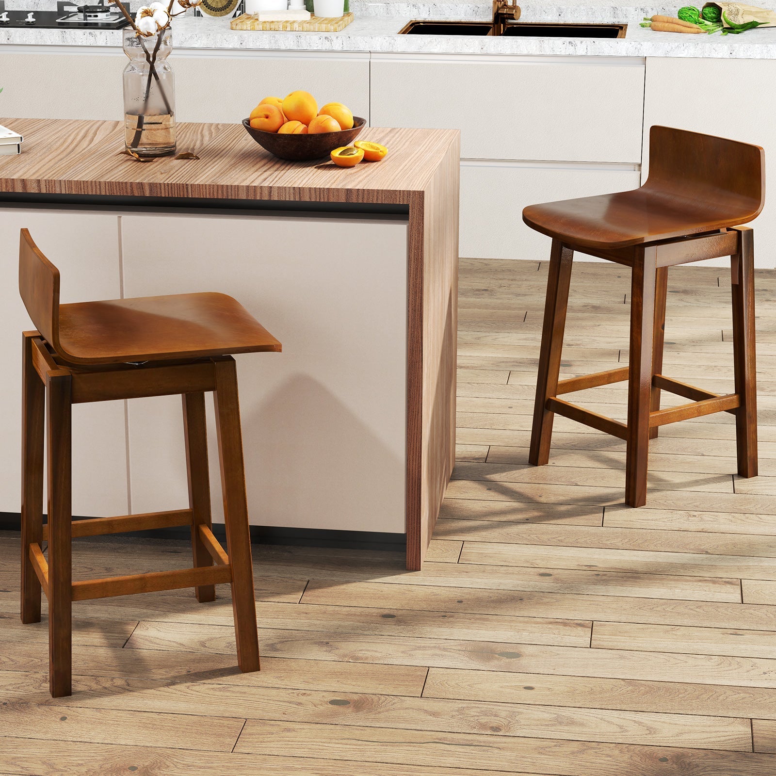 24.5 Inch Swivel Wooden Bar Stools Set of 2 with Rubber Wood Legs and Low Back