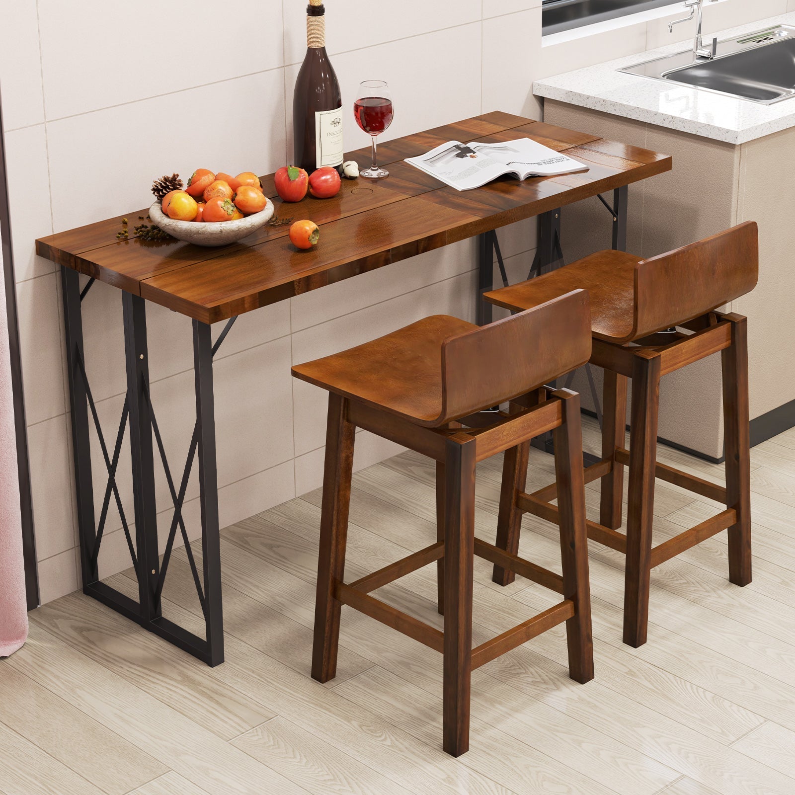 24.5 Inch Swivel Wooden Bar Stools Set of 2 with Rubber Wood Legs and Low Back