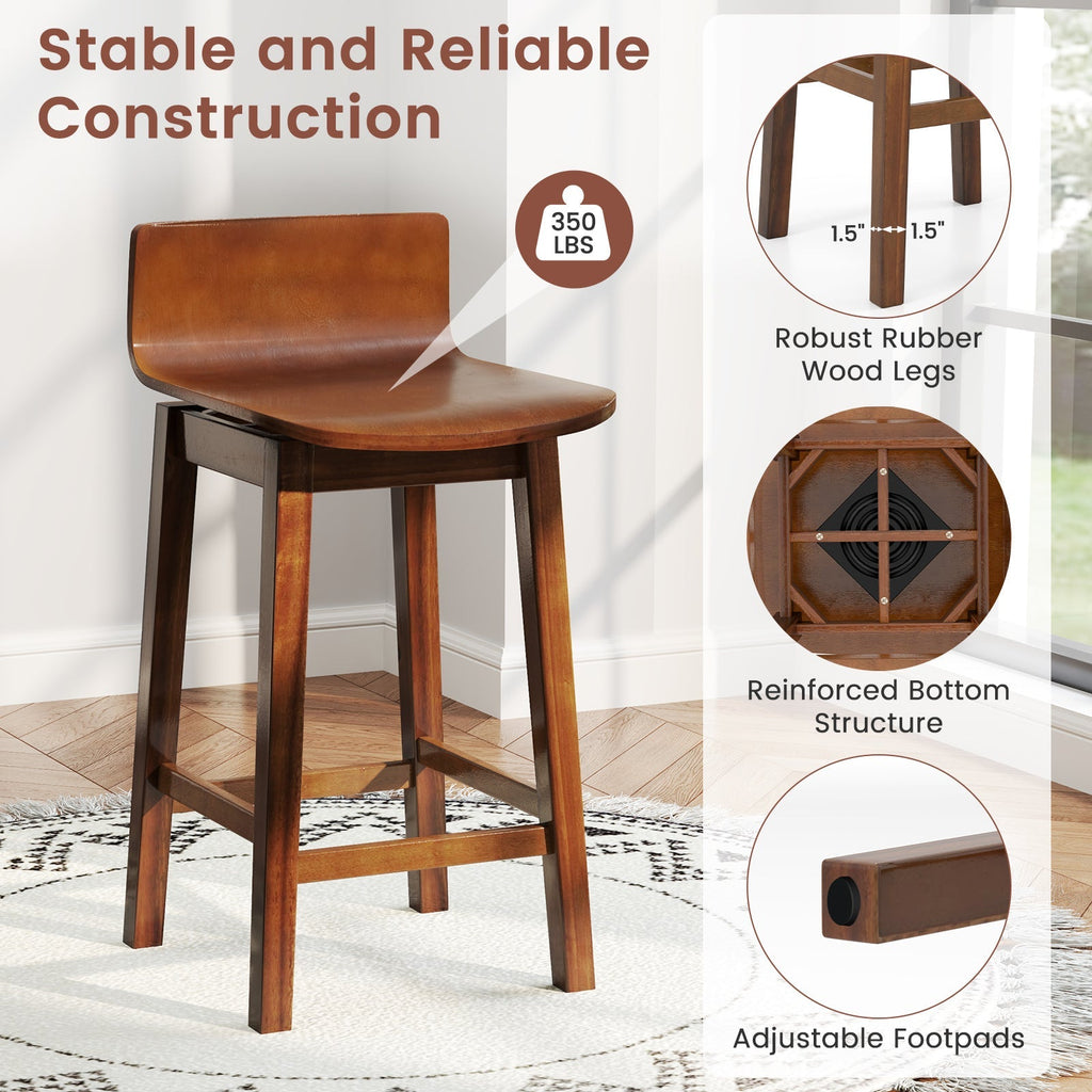 24.5 Inch Swivel Wooden Bar Stools Set of 2 with Rubber Wood Legs and Low Back