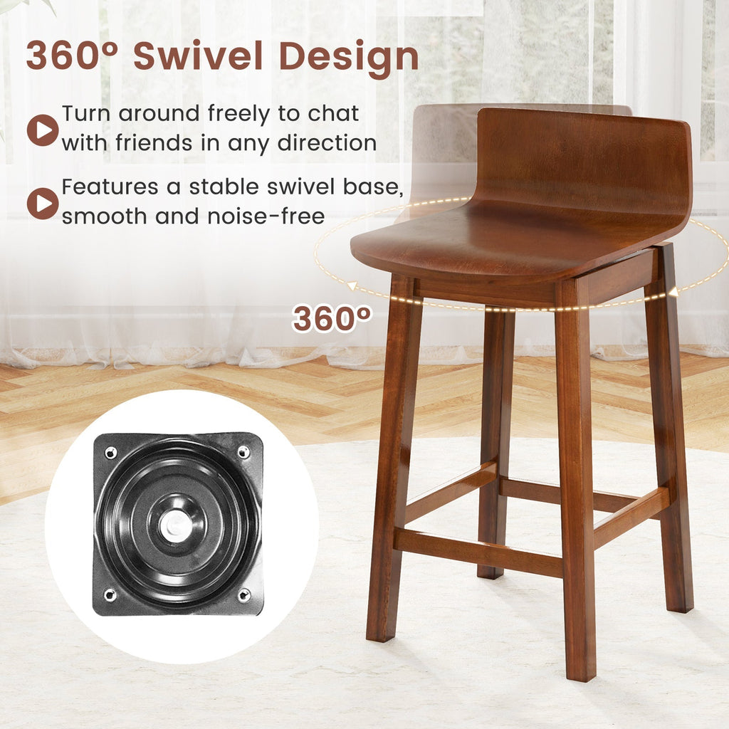 24.5 Inch Swivel Wooden Bar Stools Set of 2 with Rubber Wood Legs and Low Back