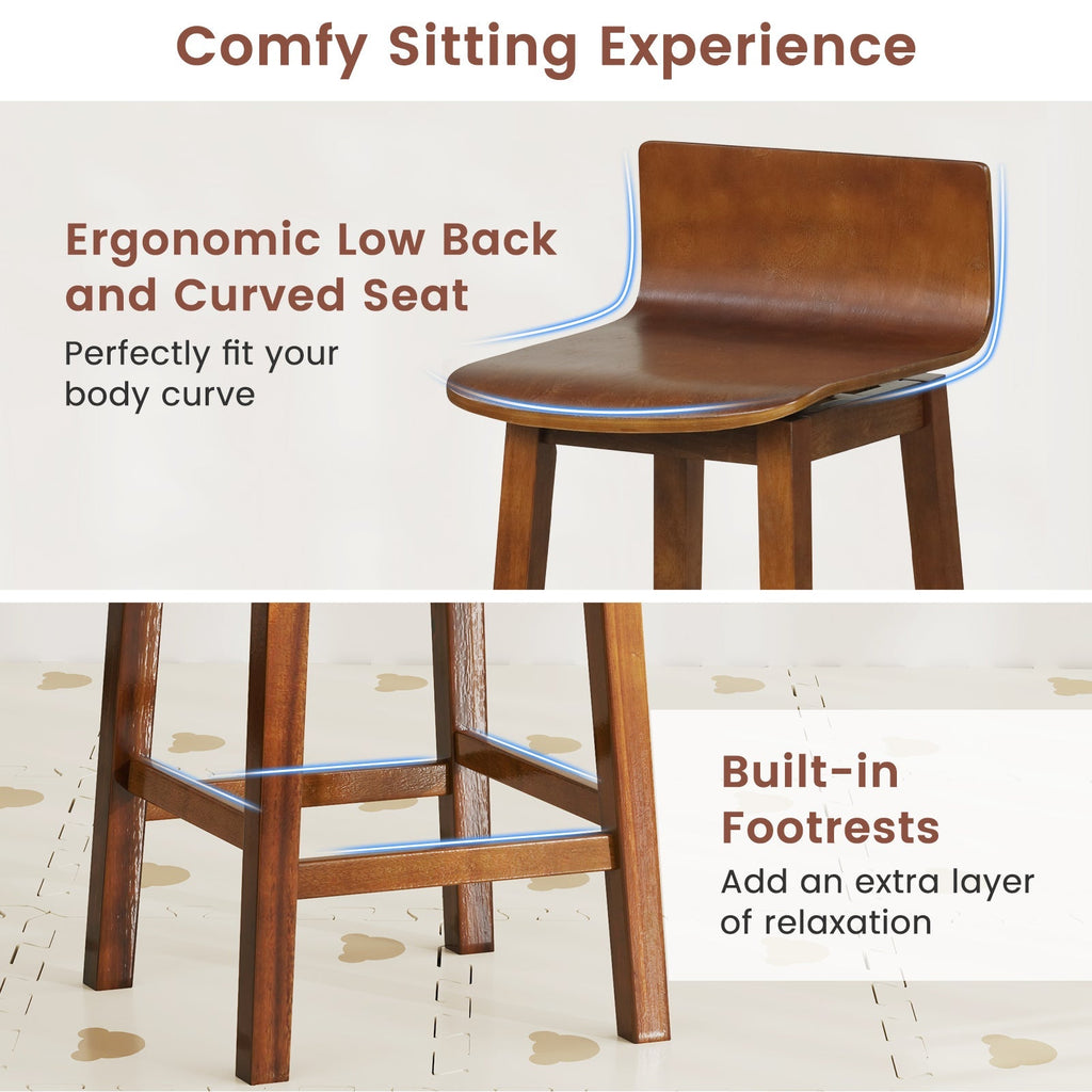 24.5 Inch Swivel Wooden Bar Stools Set of 2 with Rubber Wood Legs and Low Back