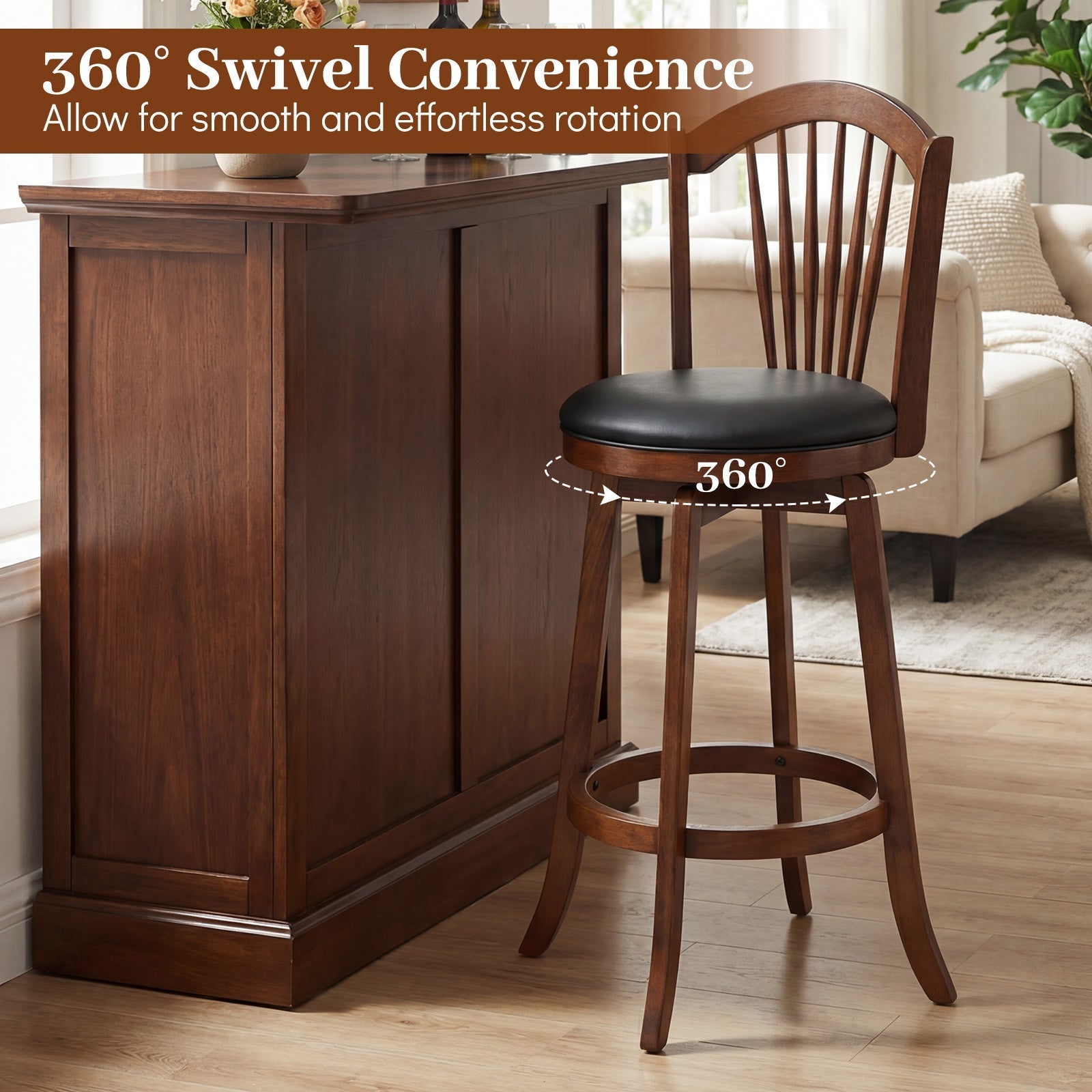 Swivel Bar Stools with Backrests and Wood Frame for Kitchen Island