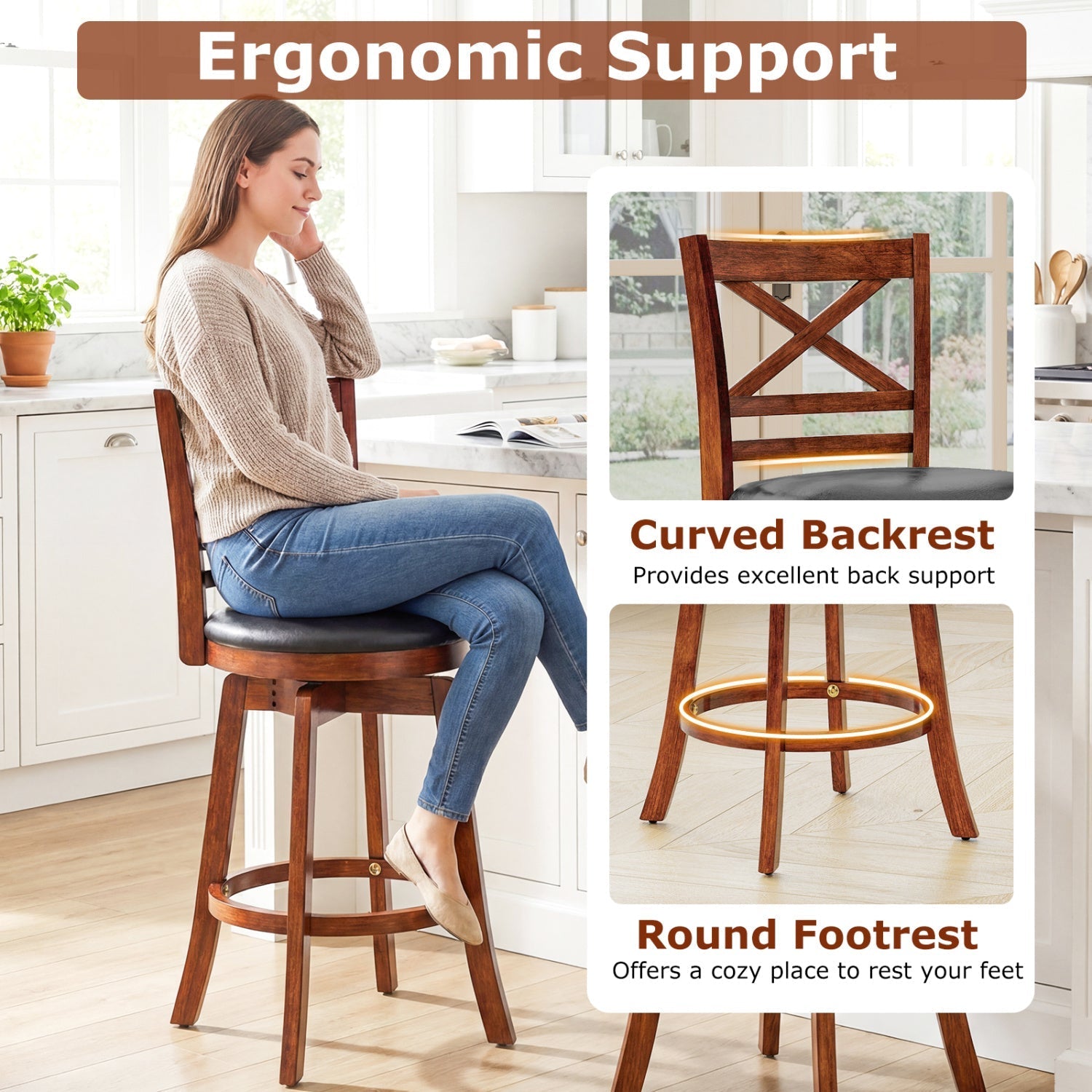 Swivel Barstools Set of 2 with Backrest and Footrest